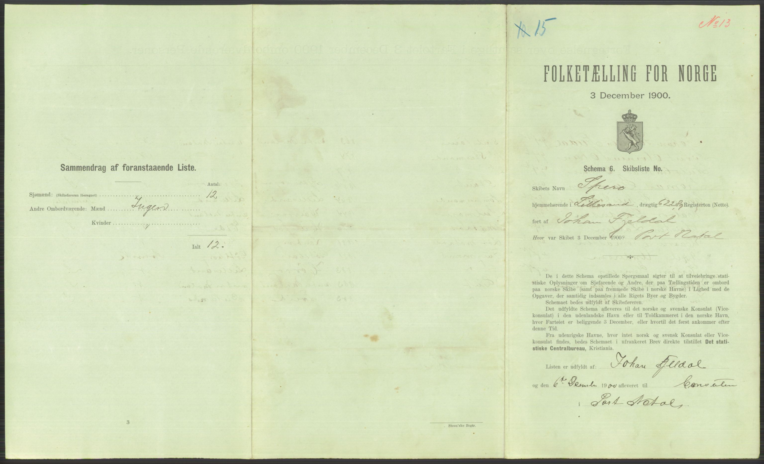 RA, 1900 Census - ship lists from ships in Norwegian harbours, harbours abroad and at sea, 1900, p. 5063