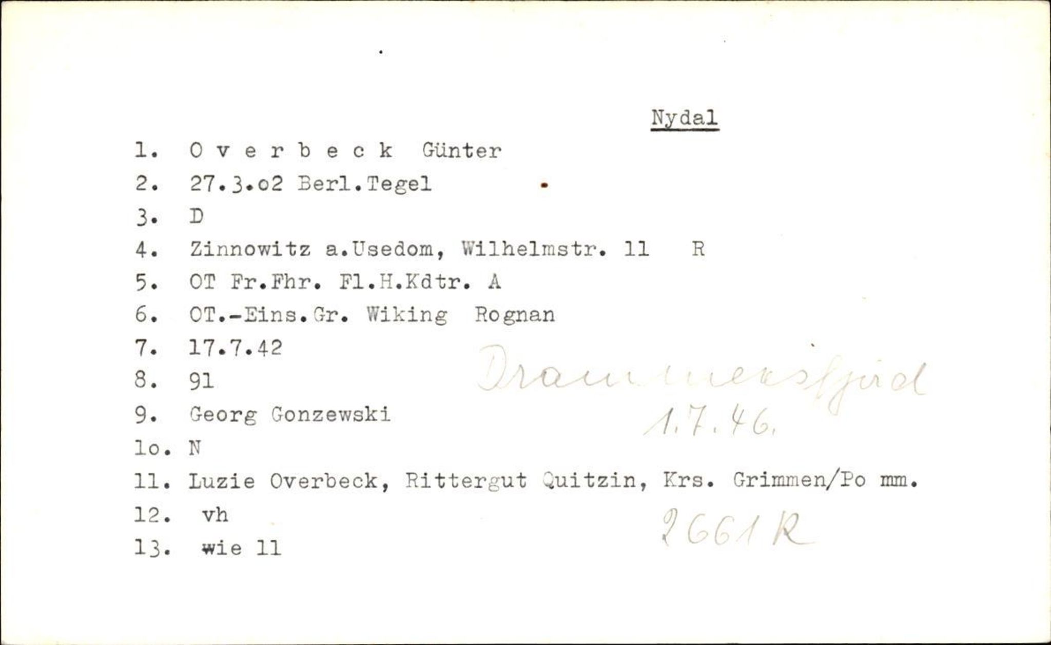 Hjemsendte tyskere , RA/RAFA-6487/D/Db/L0020: Mülzet-Paülisch, 1945-1947, p. 1009