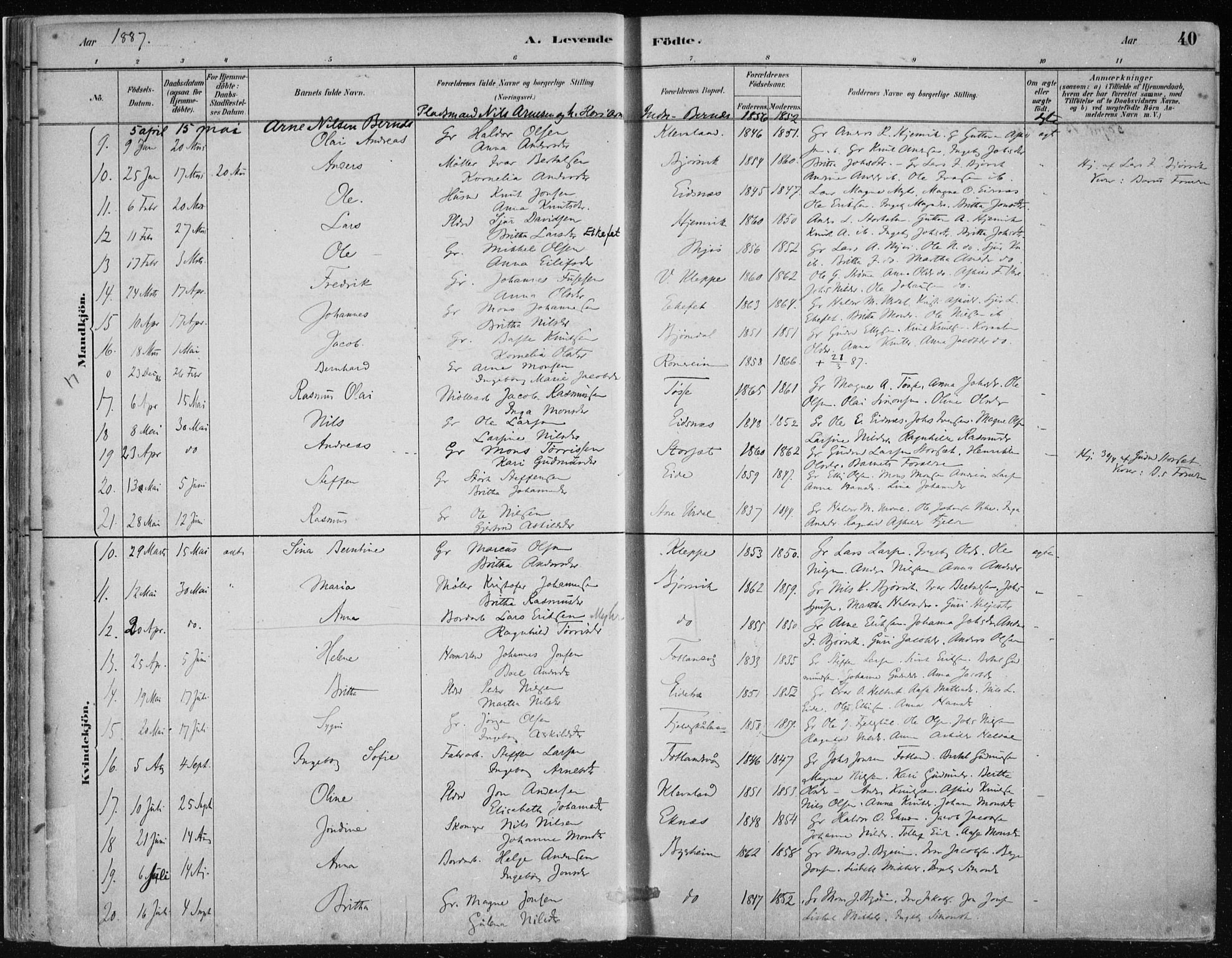 Hosanger sokneprestembete, AV/SAB-A-75801/H/Haa: Parish register (official) no. B  1, 1880-1896, p. 40