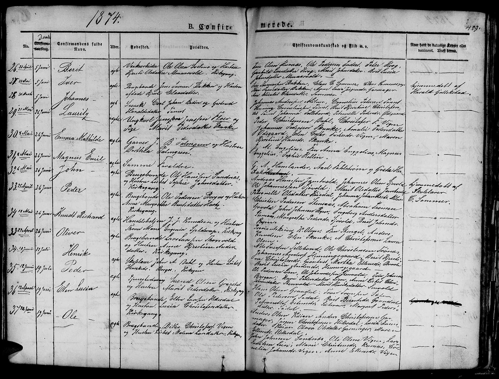Ministerialprotokoller, klokkerbøker og fødselsregistre - Sør-Trøndelag, SAT/A-1456/681/L0938: Parish register (copy) no. 681C02, 1829-1879, p. 409