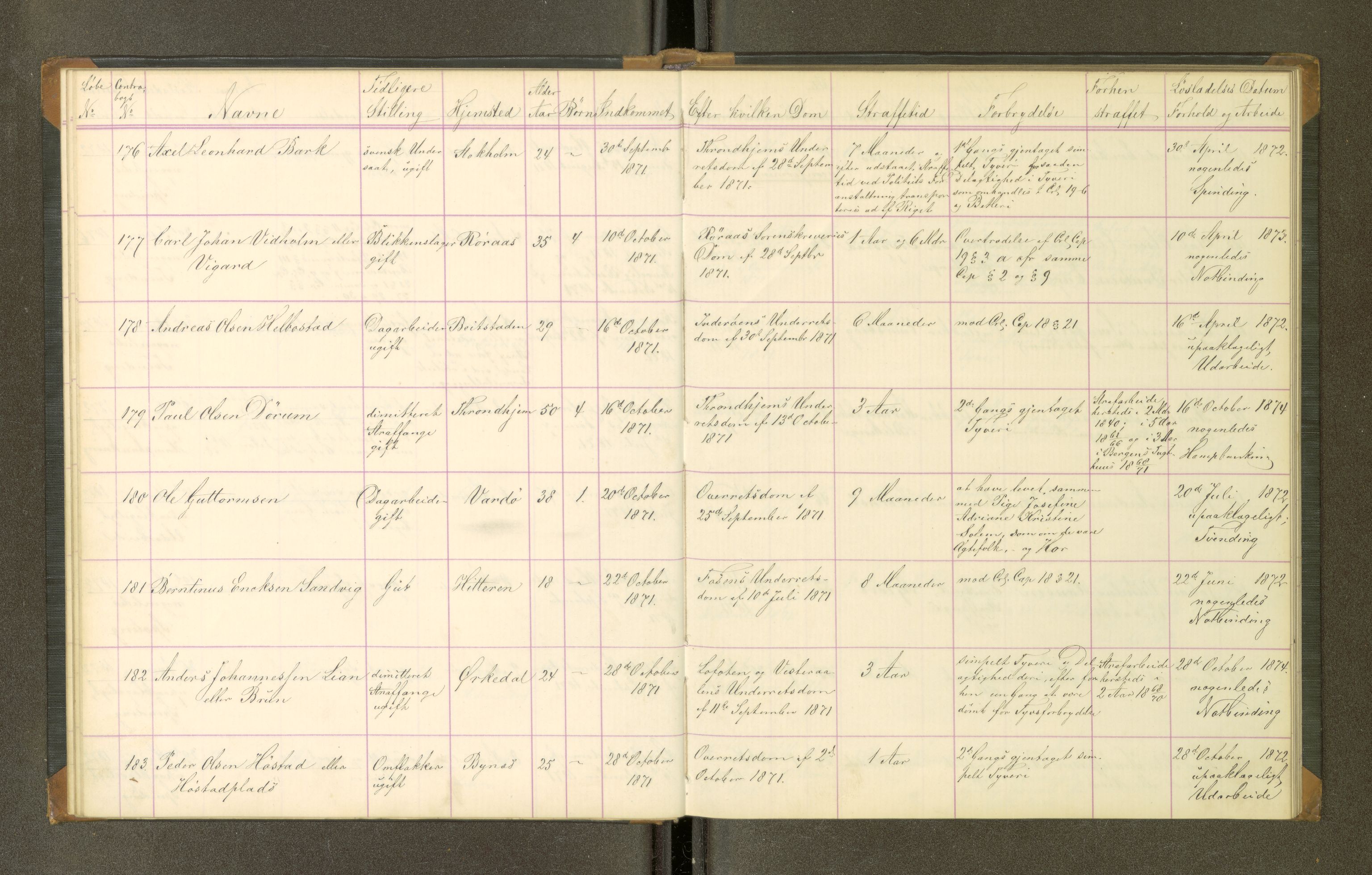 Trondheim tukthus, SAT/A-4619/05/65/L0027: 65.27 Fangeprotokoll, 1871