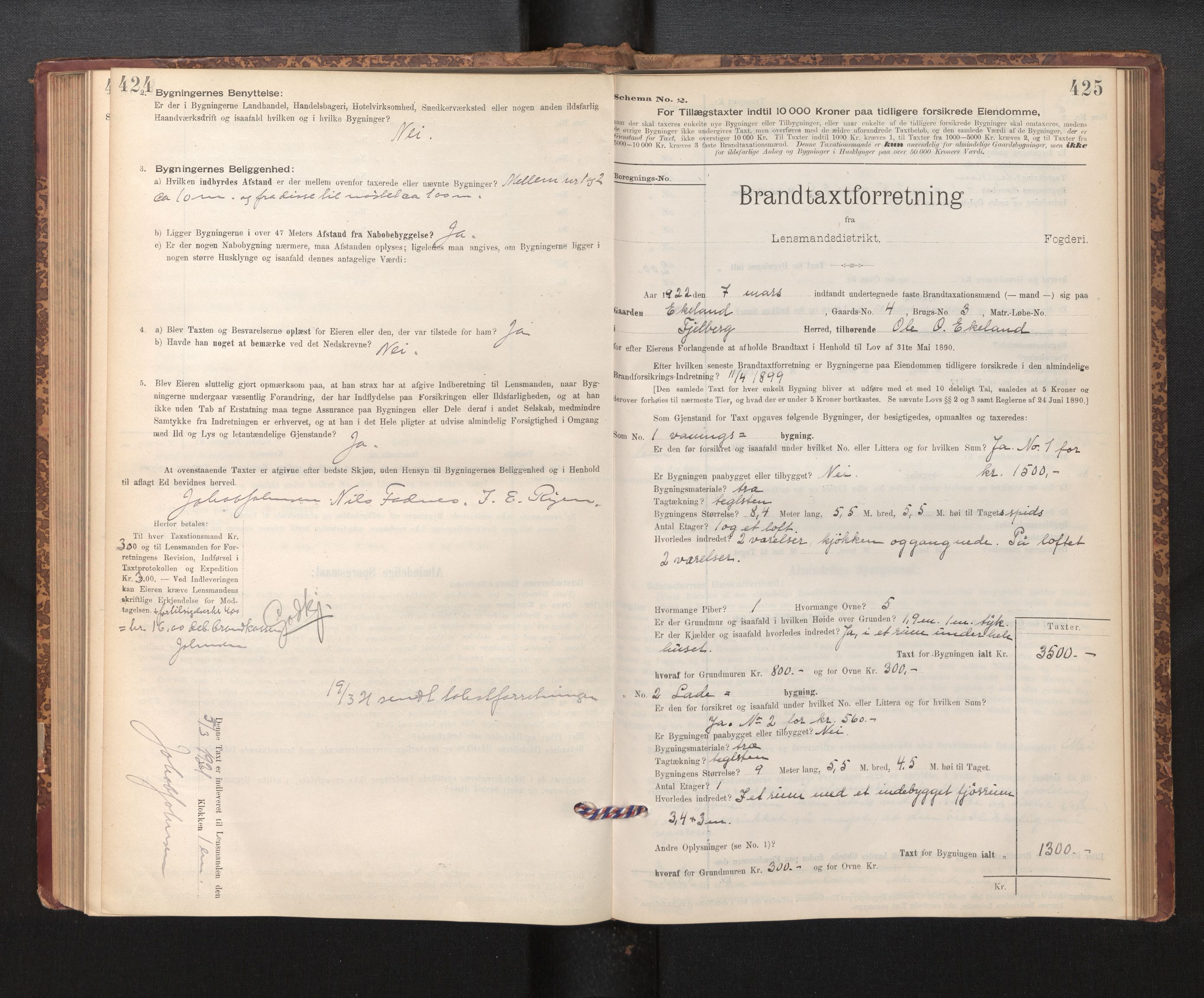 Lensmannen i Fjelberg, SAB/A-32101/0012/L0007: Branntakstprotokoll, skjematakst, 1895-1949, p. 424-425