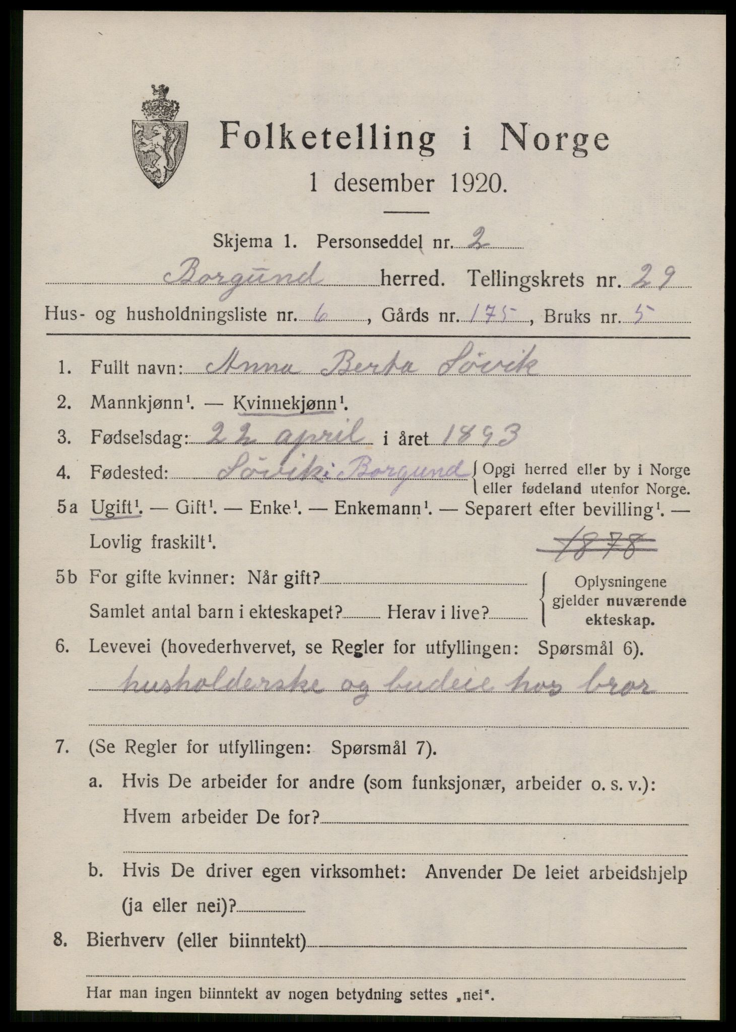 SAT, 1920 census for Borgund, 1920, p. 18722