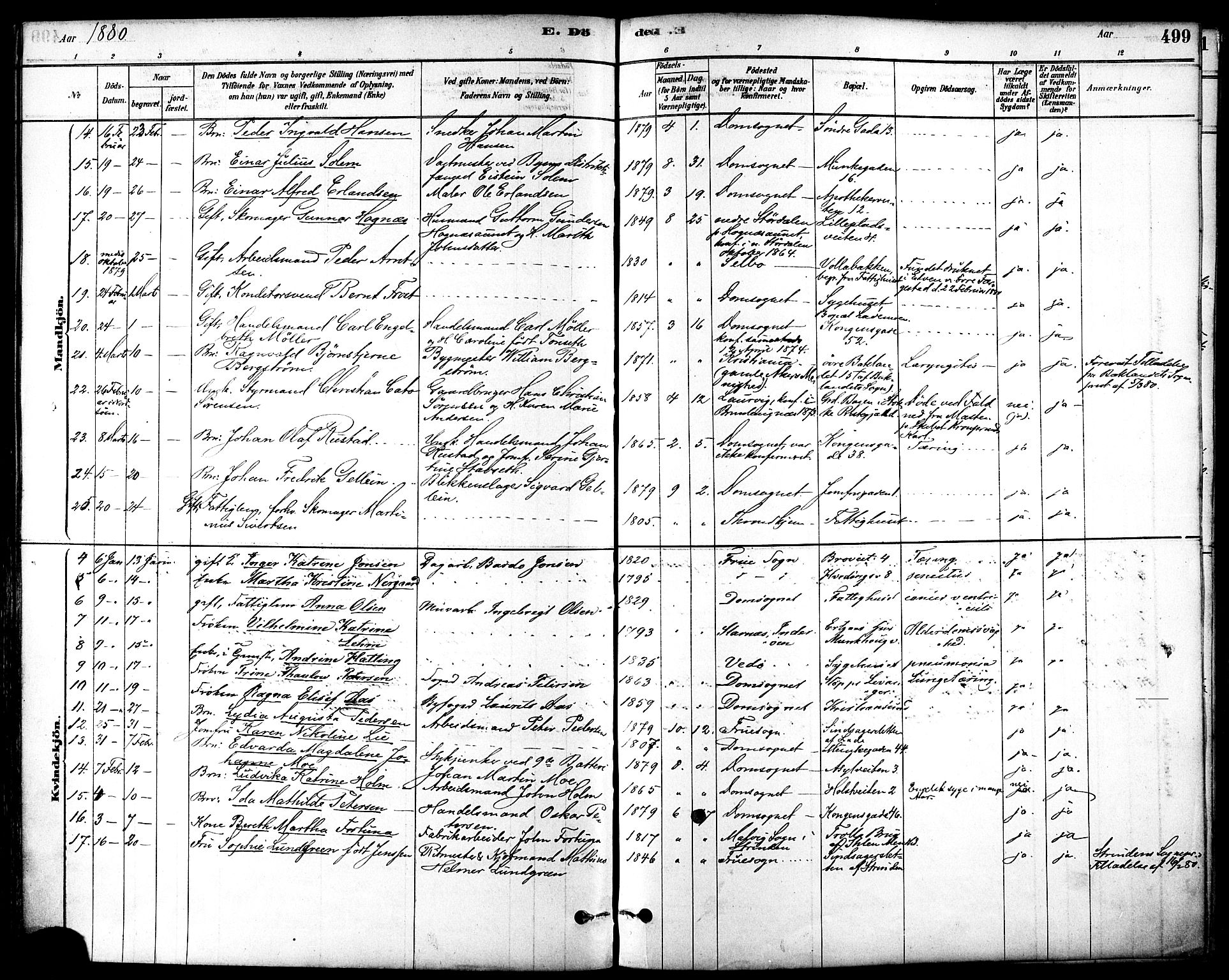 Ministerialprotokoller, klokkerbøker og fødselsregistre - Sør-Trøndelag, SAT/A-1456/601/L0058: Parish register (official) no. 601A26, 1877-1891, p. 499