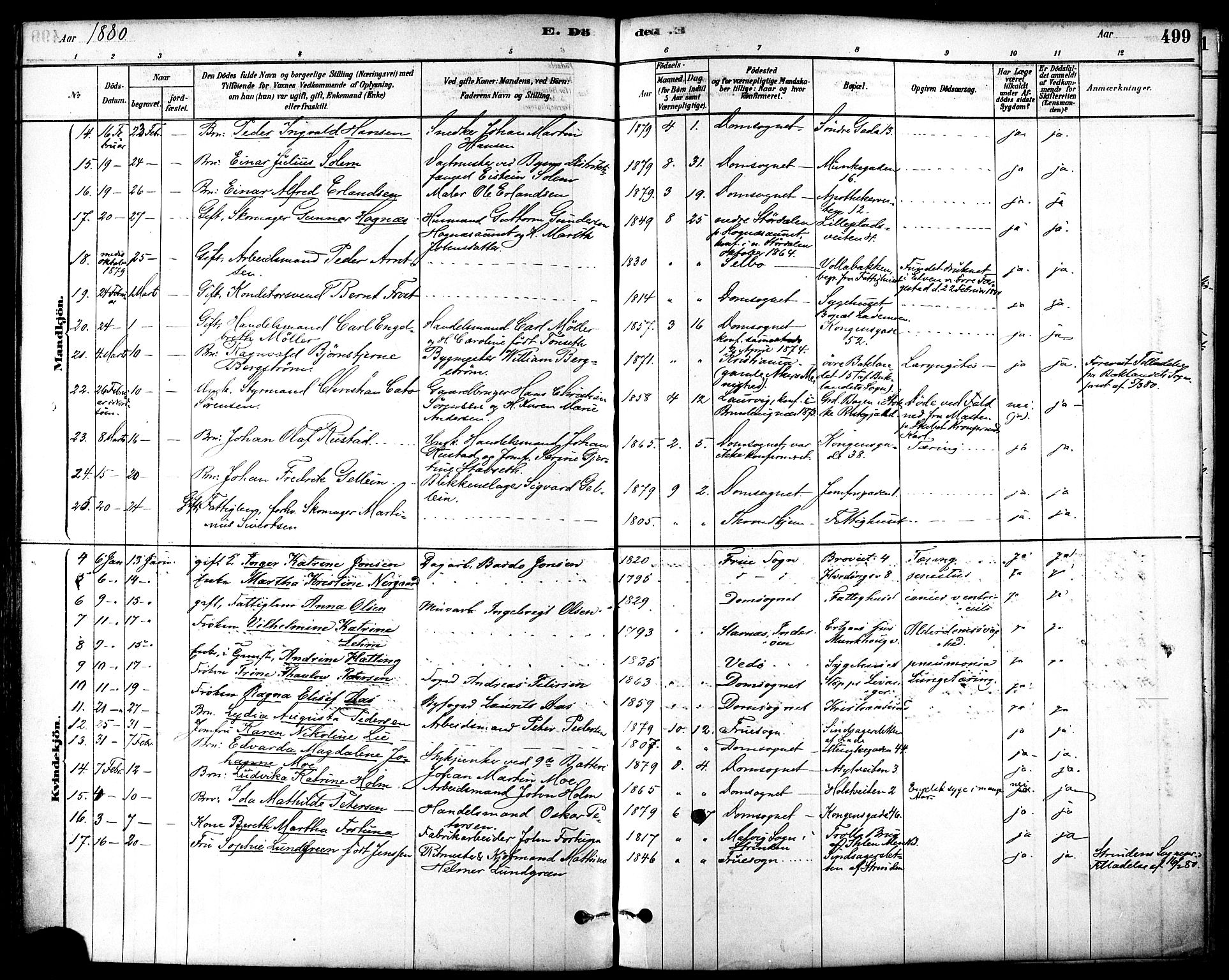 Ministerialprotokoller, klokkerbøker og fødselsregistre - Sør-Trøndelag, AV/SAT-A-1456/601/L0058: Parish register (official) no. 601A26, 1877-1891, p. 499