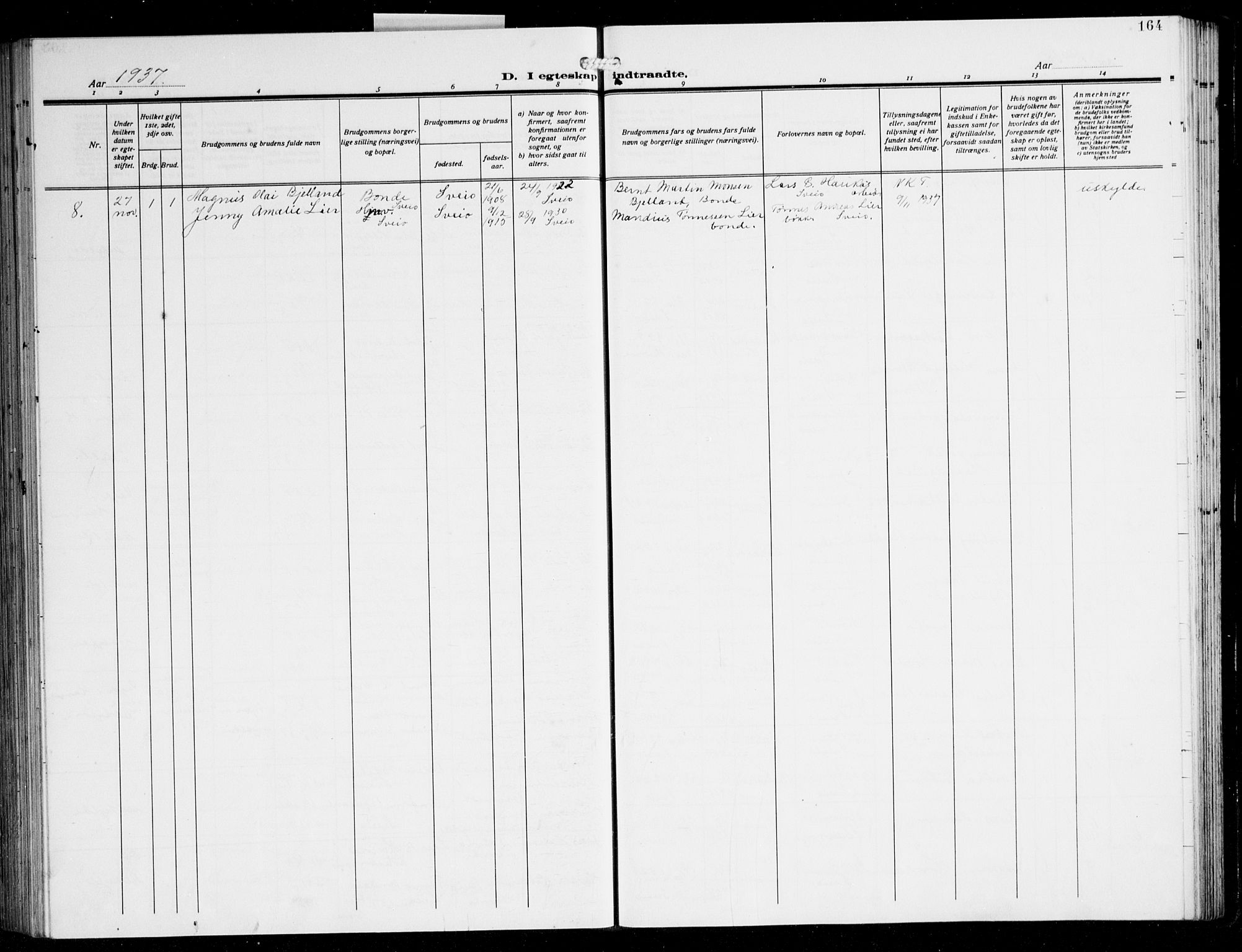 Sveio Sokneprestembete, AV/SAB-A-78501/H/Hab: Parish register (copy) no. A 6, 1927-1945, p. 164