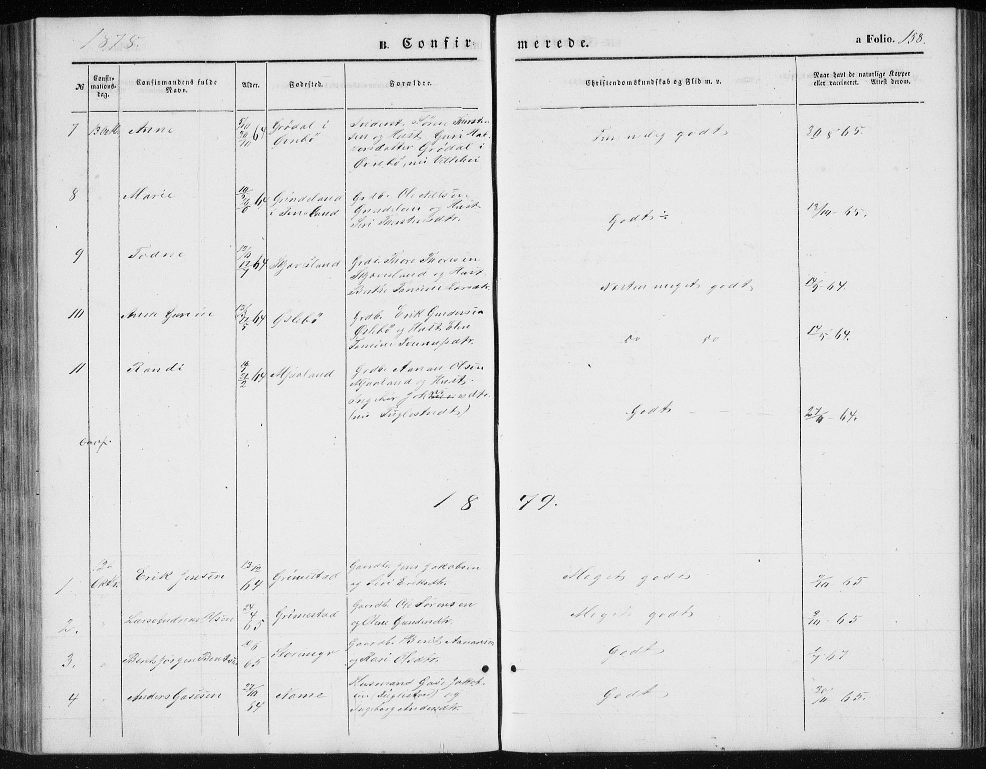 Holum sokneprestkontor, AV/SAK-1111-0022/F/Fb/Fbc/L0002: Parish register (copy) no. B 2, 1860-1882, p. 158