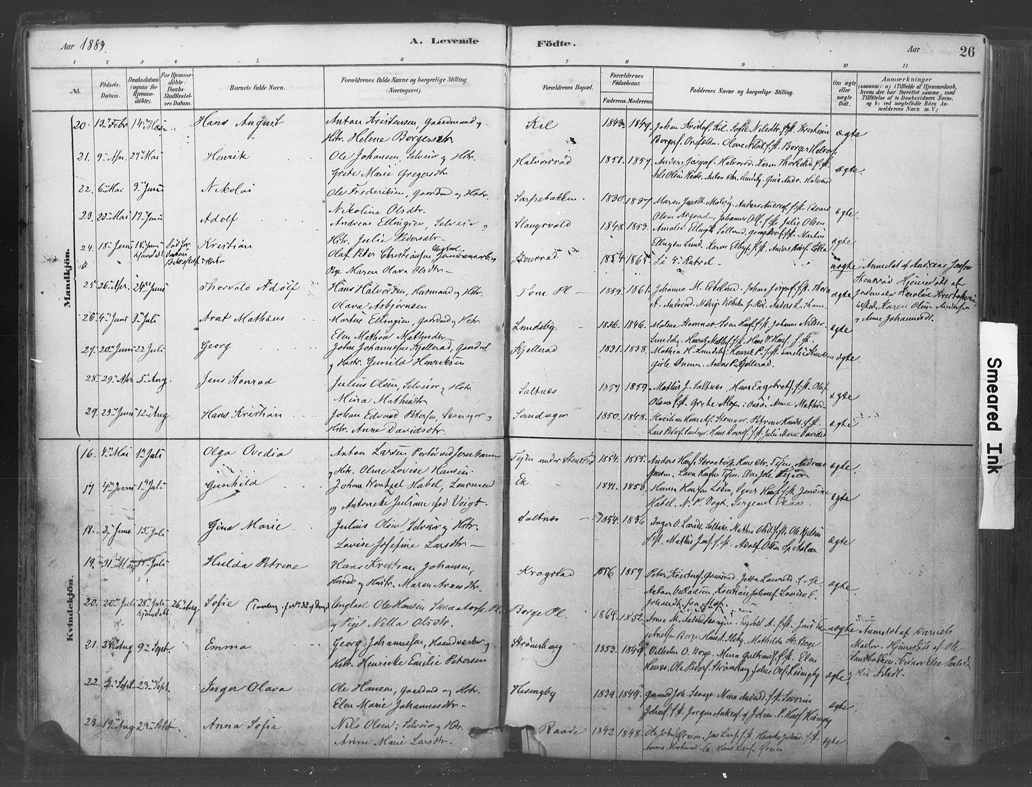 Råde prestekontor kirkebøker, AV/SAO-A-2009/F/Fa/L0007: Parish register (official) no. 7, 1878-1902, p. 26