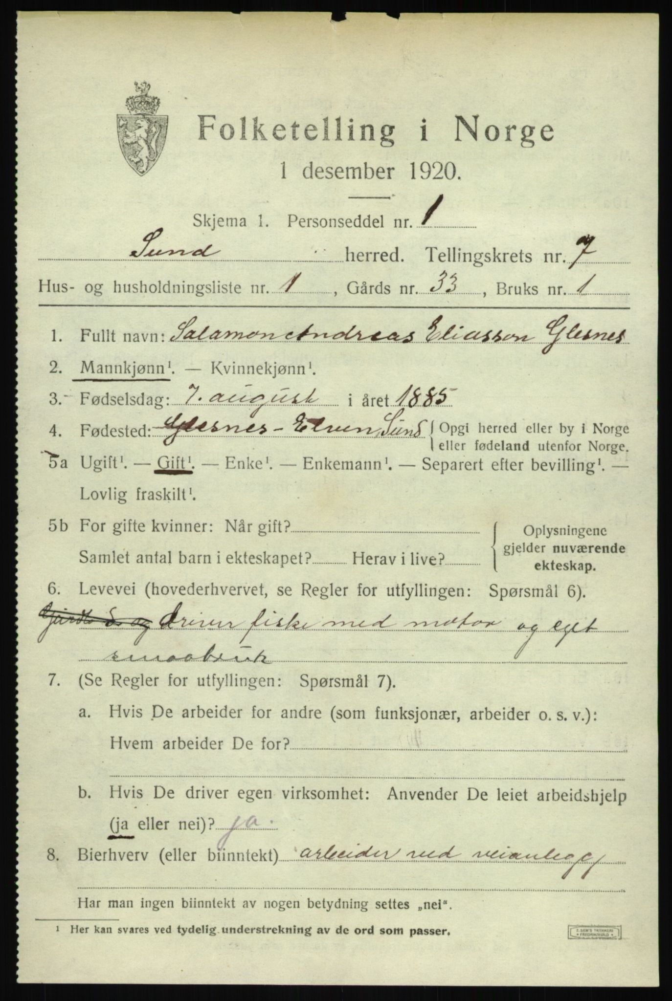 SAB, 1920 census for Sund, 1920, p. 4413
