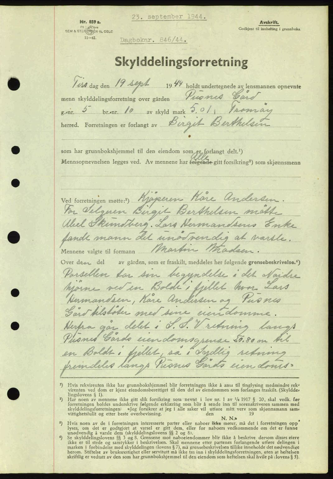 Nedenes sorenskriveri, AV/SAK-1221-0006/G/Gb/Gba/L0052: Mortgage book no. A6a, 1944-1945, Diary no: : 846/1944