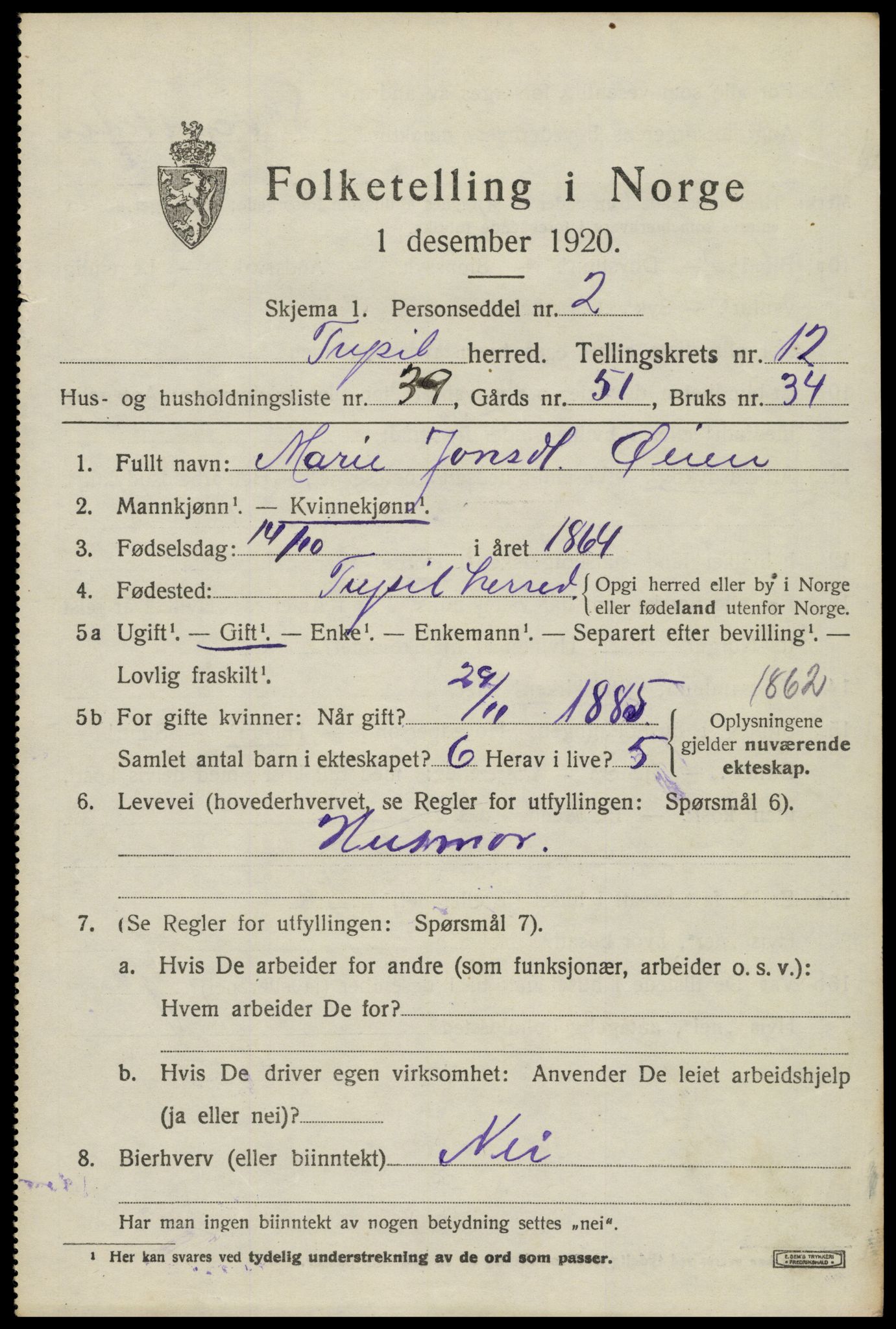 SAH, 1920 census for Trysil, 1920, p. 7621