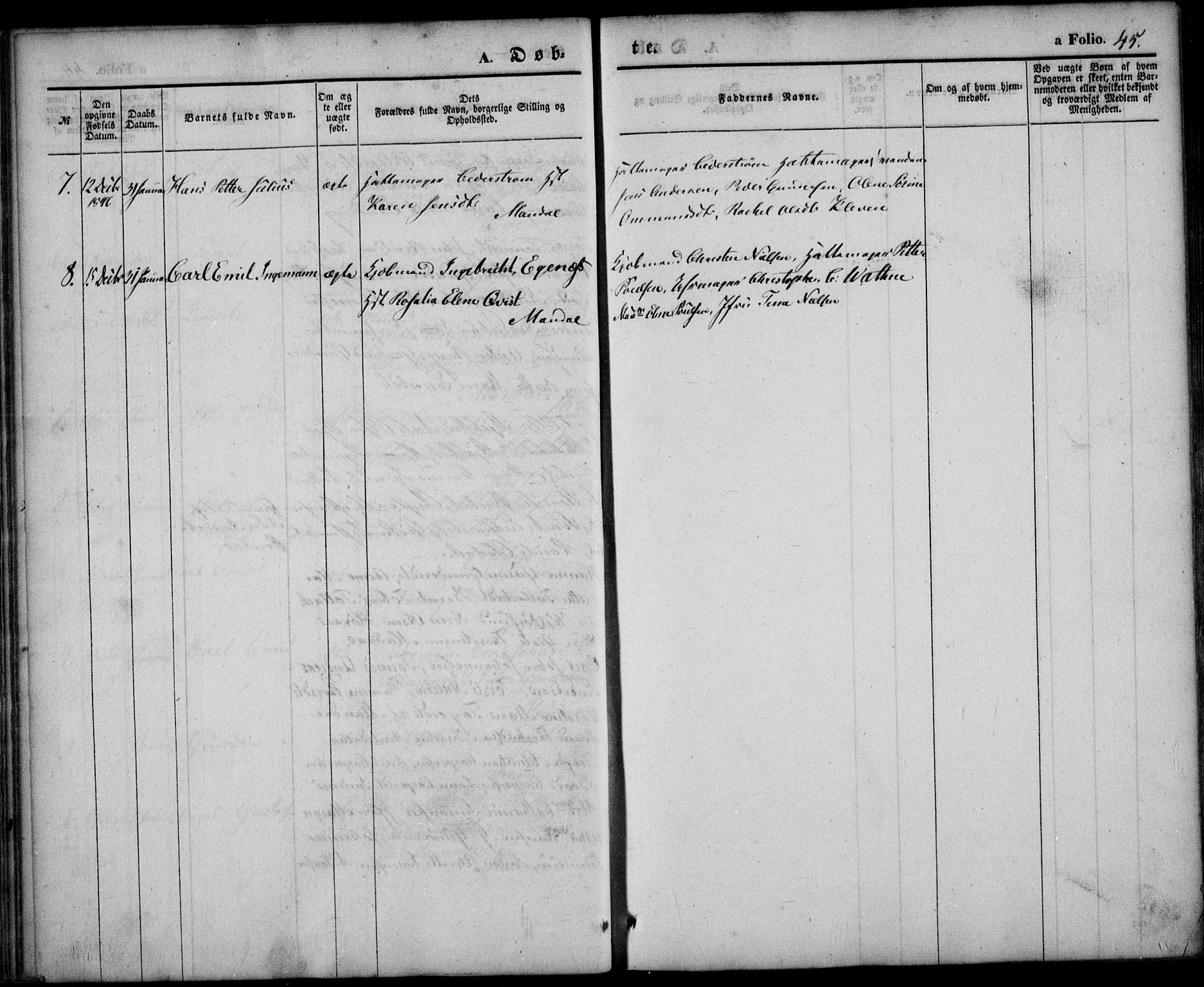 Mandal sokneprestkontor, SAK/1111-0030/F/Fa/Faa/L0012: Parish register (official) no. A 12, 1840-1847, p. 45