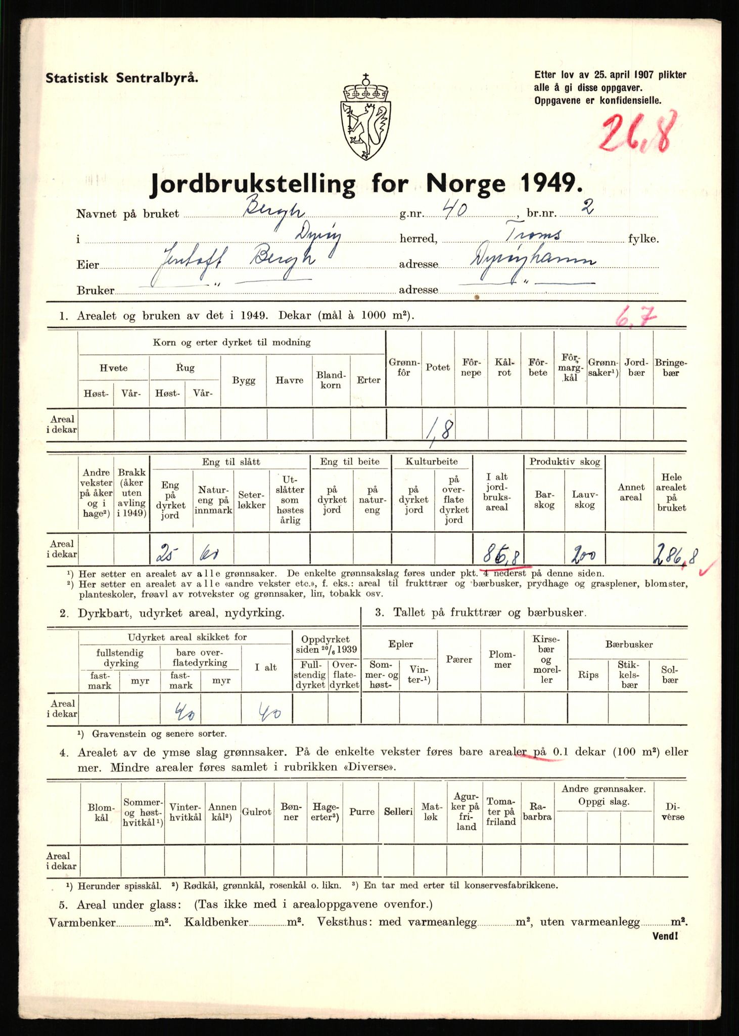 Statistisk sentralbyrå, Næringsøkonomiske emner, Jordbruk, skogbruk, jakt, fiske og fangst, AV/RA-S-2234/G/Gc/L0440: Troms: Sørreisa og Dyrøy, 1949, p. 1615