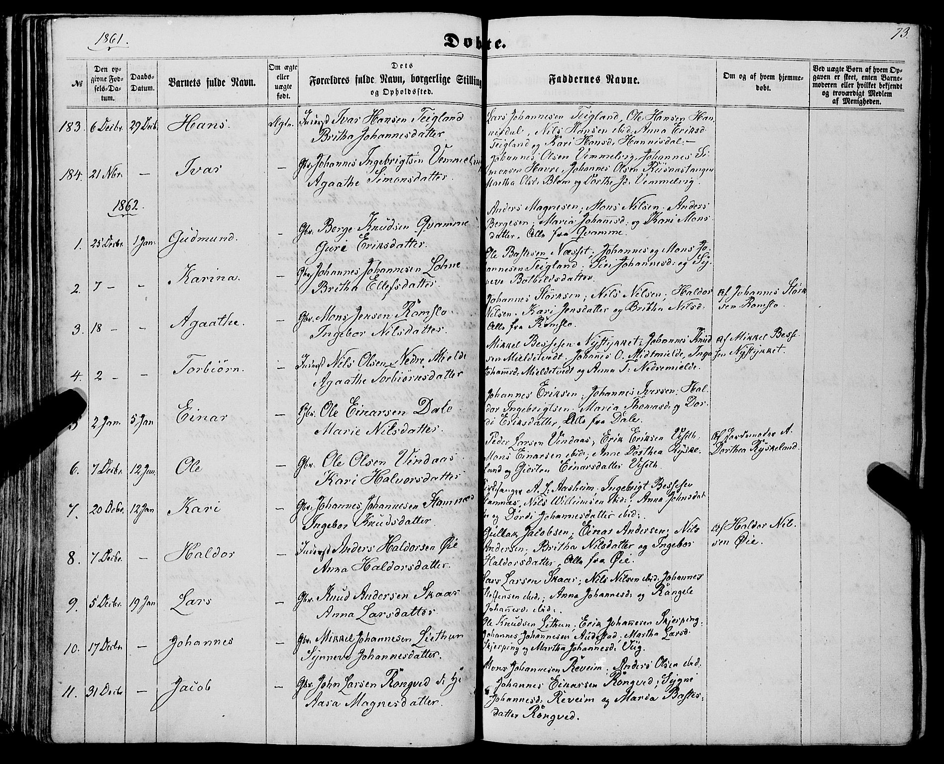 Haus sokneprestembete, AV/SAB-A-75601/H/Haa: Parish register (official) no. A 17, 1858-1870, p. 73