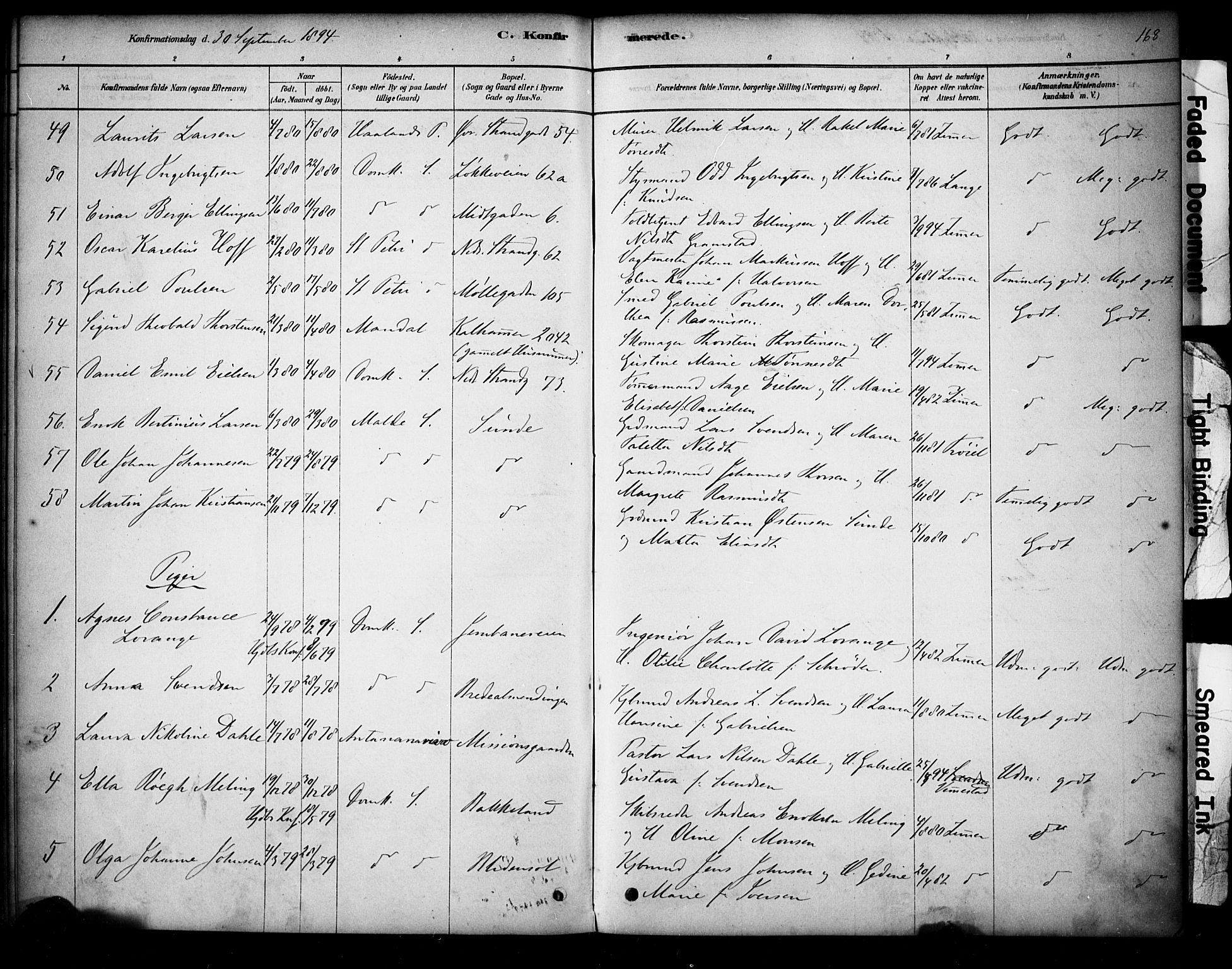 Domkirken sokneprestkontor, AV/SAST-A-101812/001/30/30BA/L0028: Parish register (official) no. A 27, 1878-1896, p. 168