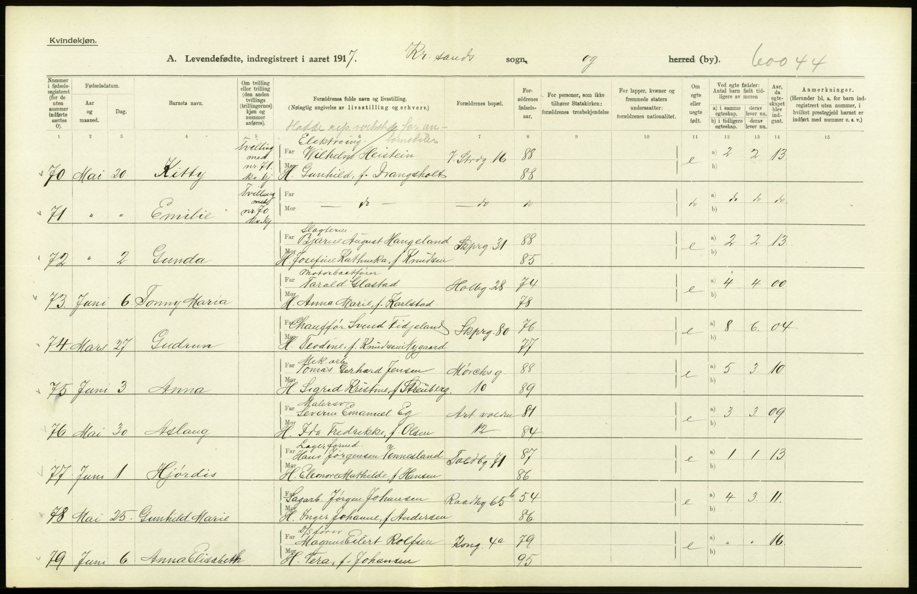 Statistisk sentralbyrå, Sosiodemografiske emner, Befolkning, AV/RA-S-2228/D/Df/Dfb/Dfbg/L0029: Lister og Mandals amt: Levendefødte menn og kvinner. Bygder og byer., 1917, p. 58