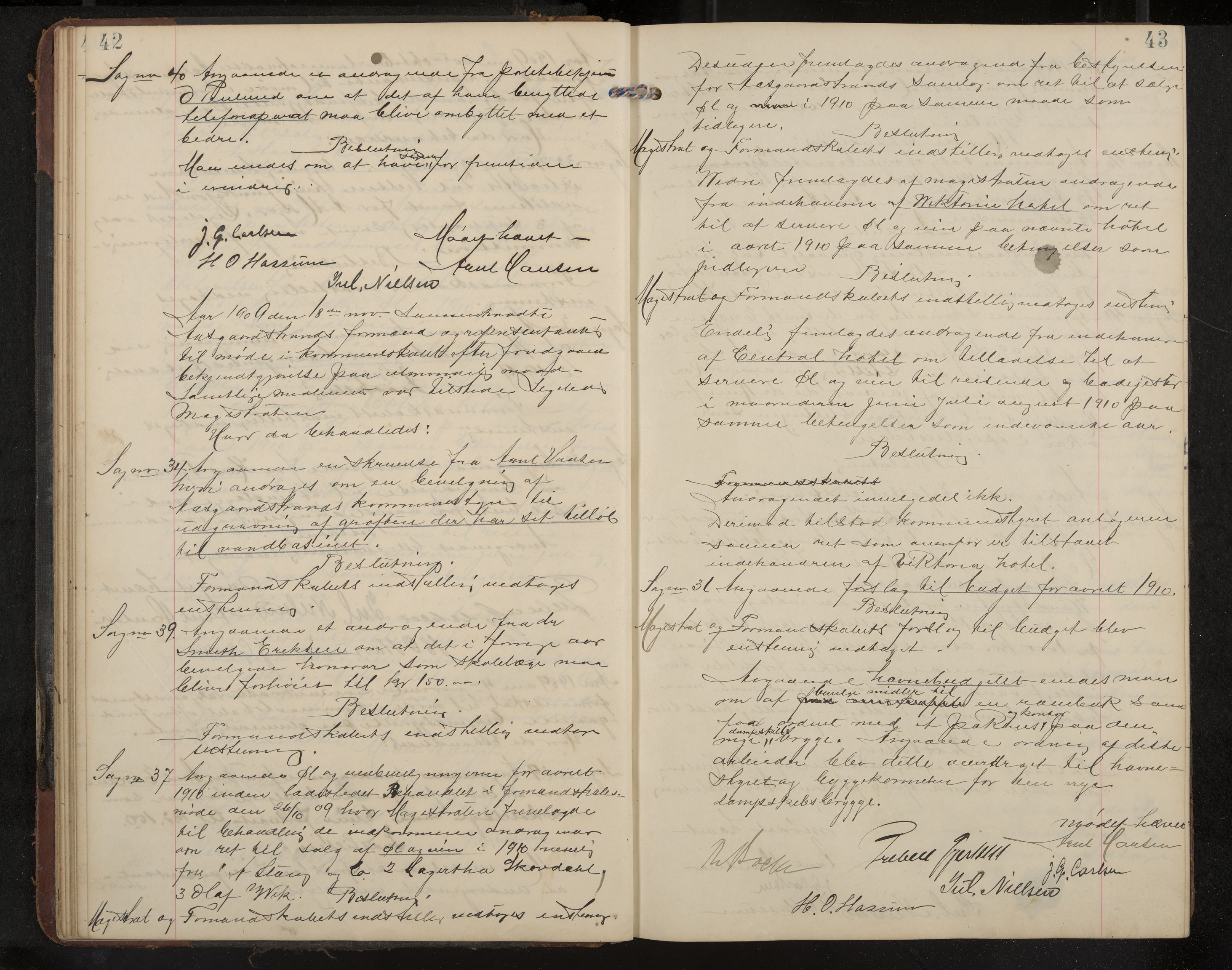 Åsgårdstrand formannskap og sentraladministrasjon, IKAK/0704021/A/L0004: Møtebok med register, 1908-1915, p. 42-43