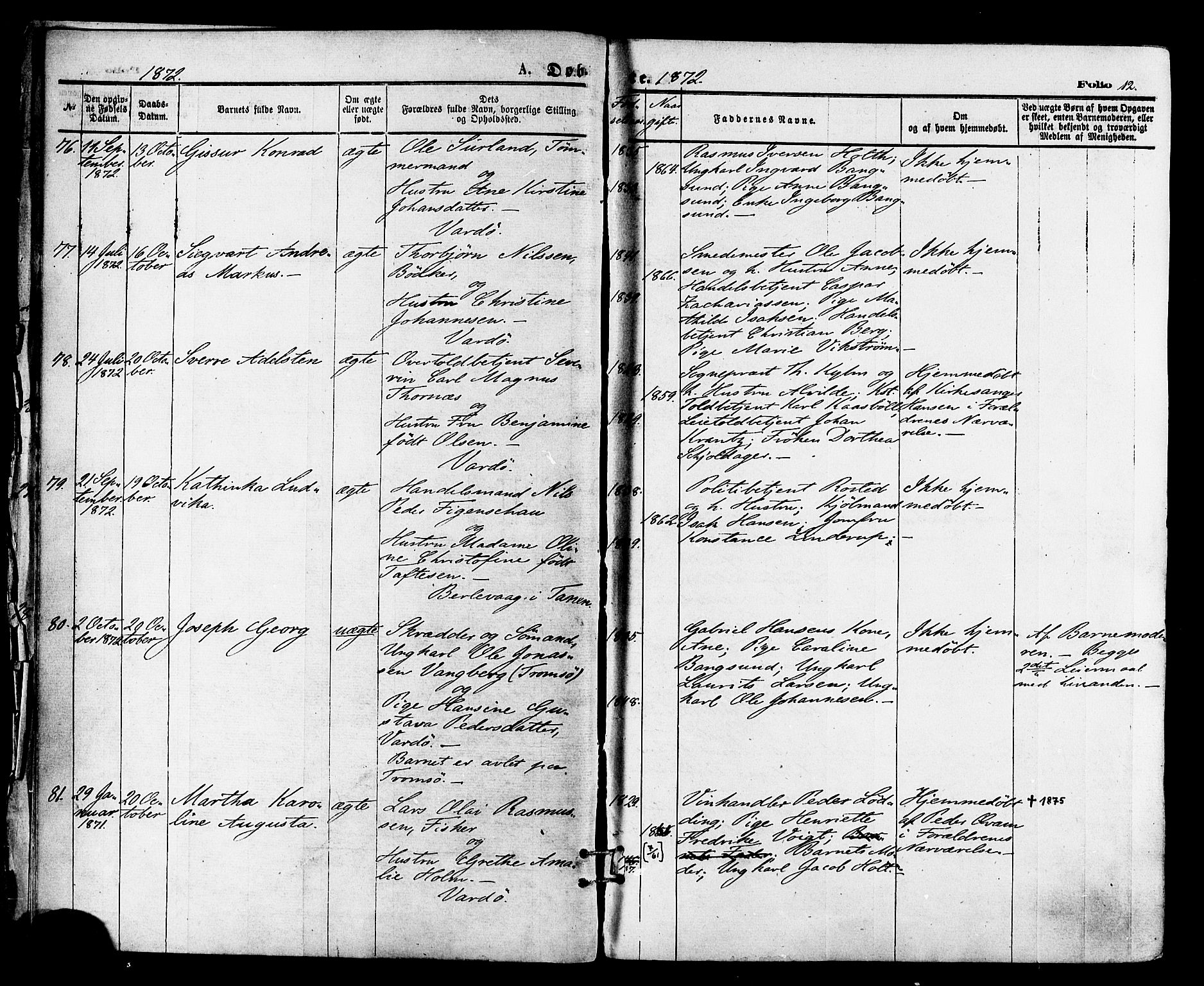 Vardø sokneprestkontor, AV/SATØ-S-1332/H/Ha/L0005kirke: Parish register (official) no. 5, 1872-1878, p. 12