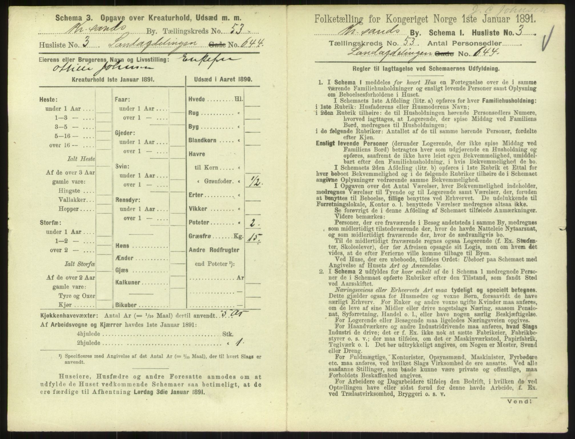 RA, 1891 census for 1001 Kristiansand, 1891, p. 2744