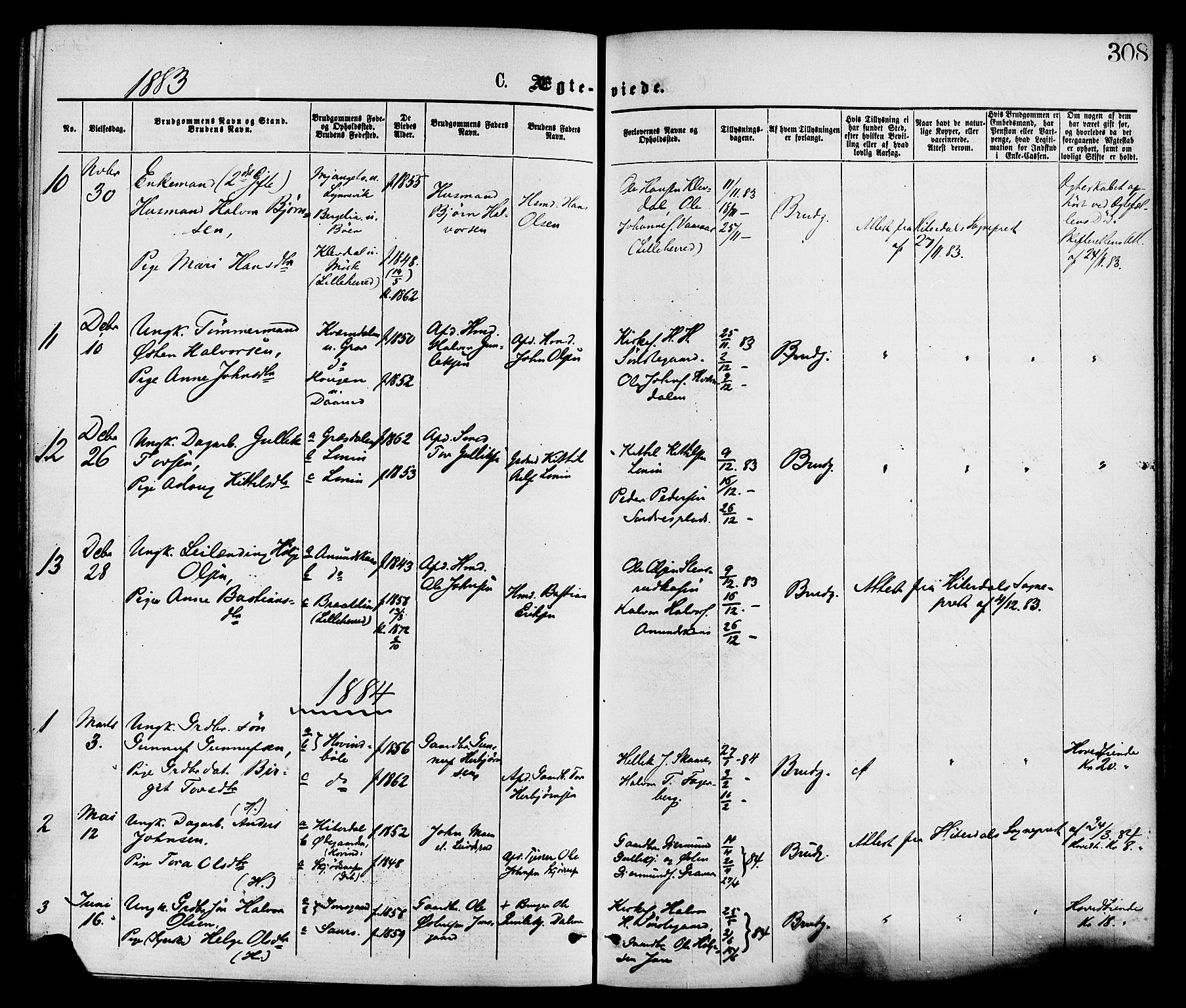 Gransherad kirkebøker, SAKO/A-267/F/Fa/L0004: Parish register (official) no. I 4, 1871-1886, p. 308