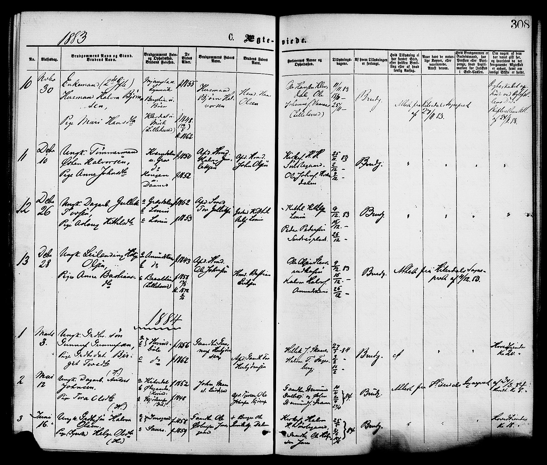 Gransherad kirkebøker, AV/SAKO-A-267/F/Fa/L0004: Parish register (official) no. I 4, 1871-1886, p. 308