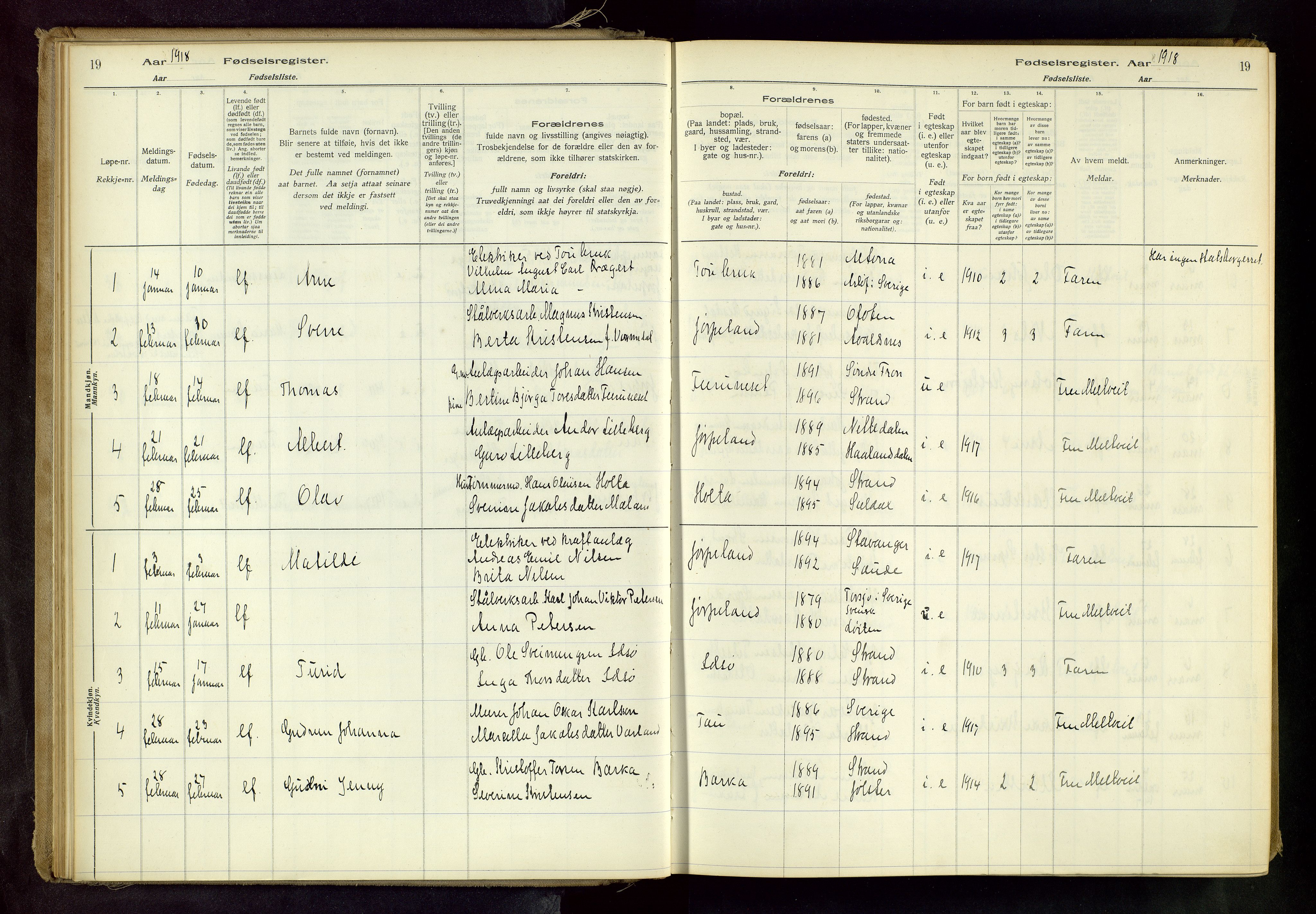 Strand sokneprestkontor, SAST/A-101828/I/Id/L0001: Birth register no. 1, 1916-1938, p. 19