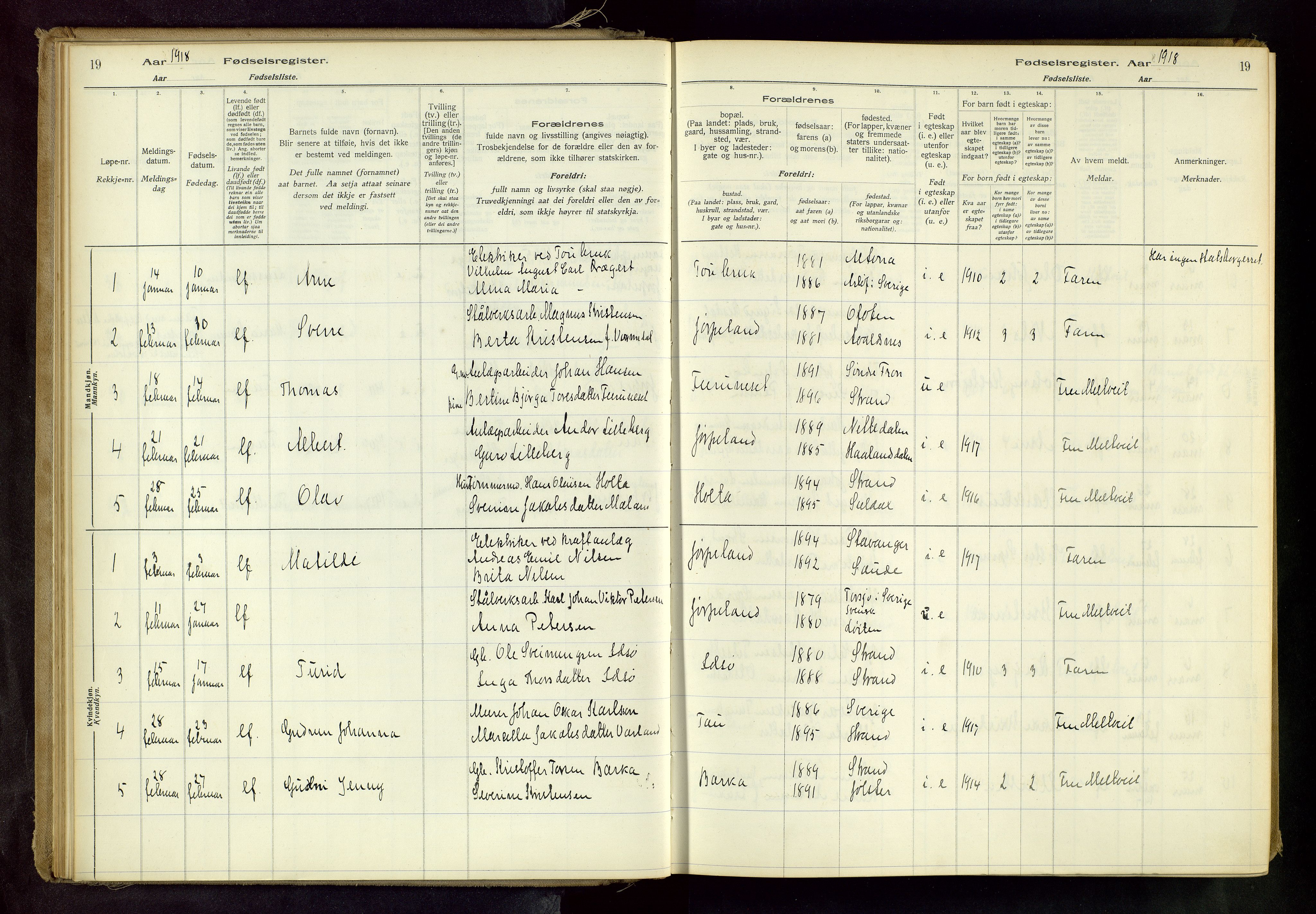 Strand sokneprestkontor, AV/SAST-A-101828/I/Id/L0001: Birth register no. 1, 1916-1938, p. 19