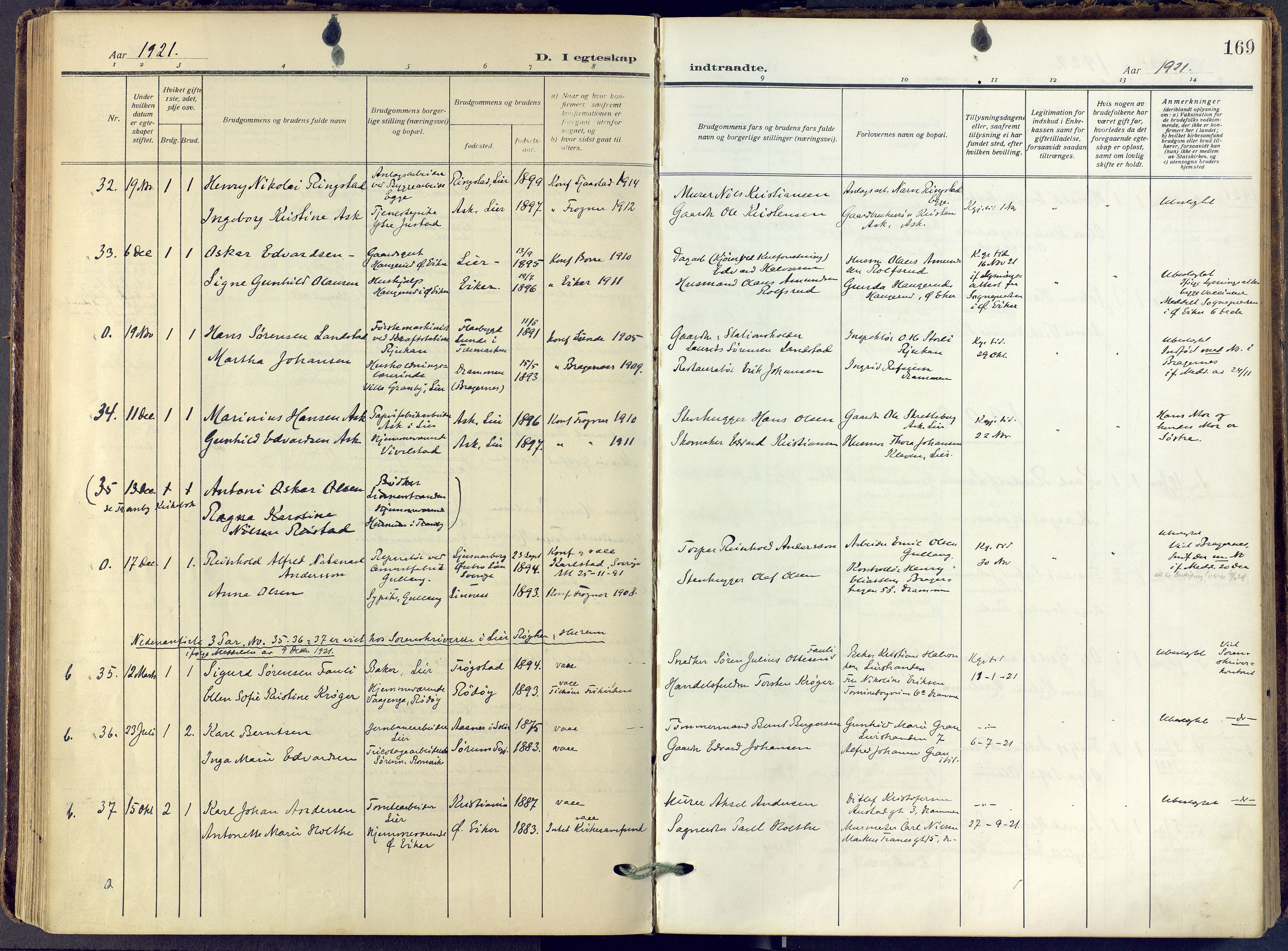 Lier kirkebøker, SAKO/A-230/F/Fa/L0019: Parish register (official) no. I 19, 1918-1928, p. 169