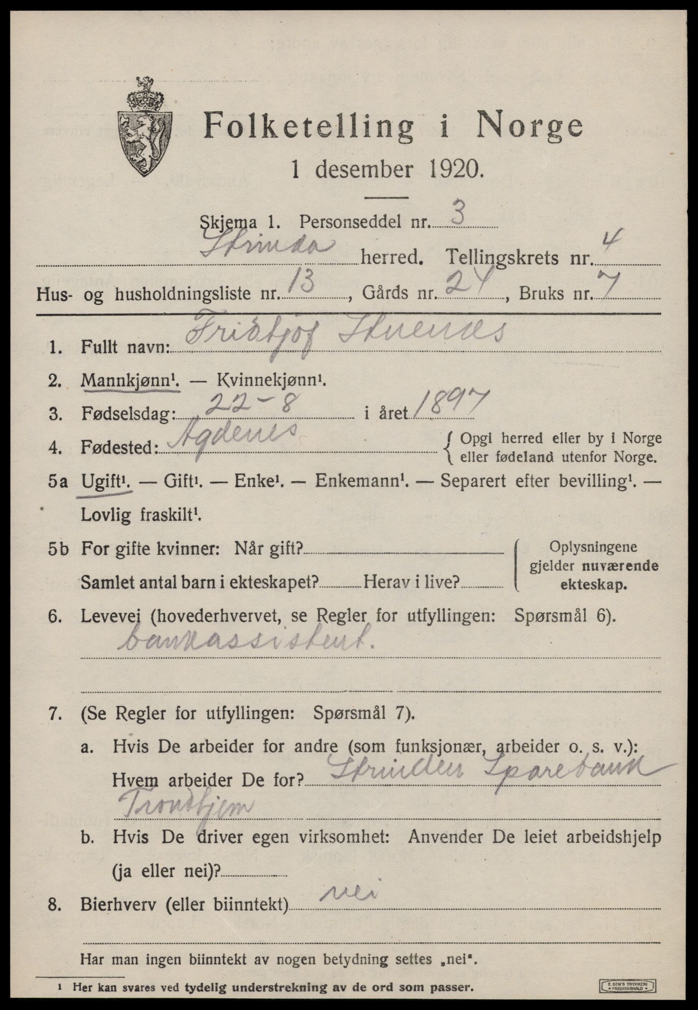 SAT, 1920 census for Strinda, 1920, p. 12920