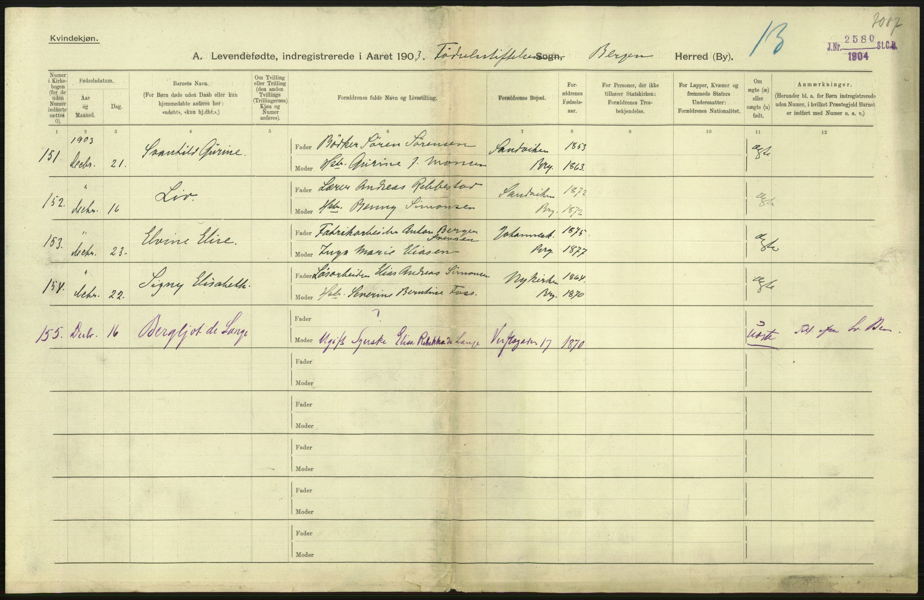 Statistisk sentralbyrå, Sosiodemografiske emner, Befolkning, RA/S-2228/D/Df/Dfa/Dfaa/L0014: Bergen: Fødte, gifte, døde, 1903, p. 5