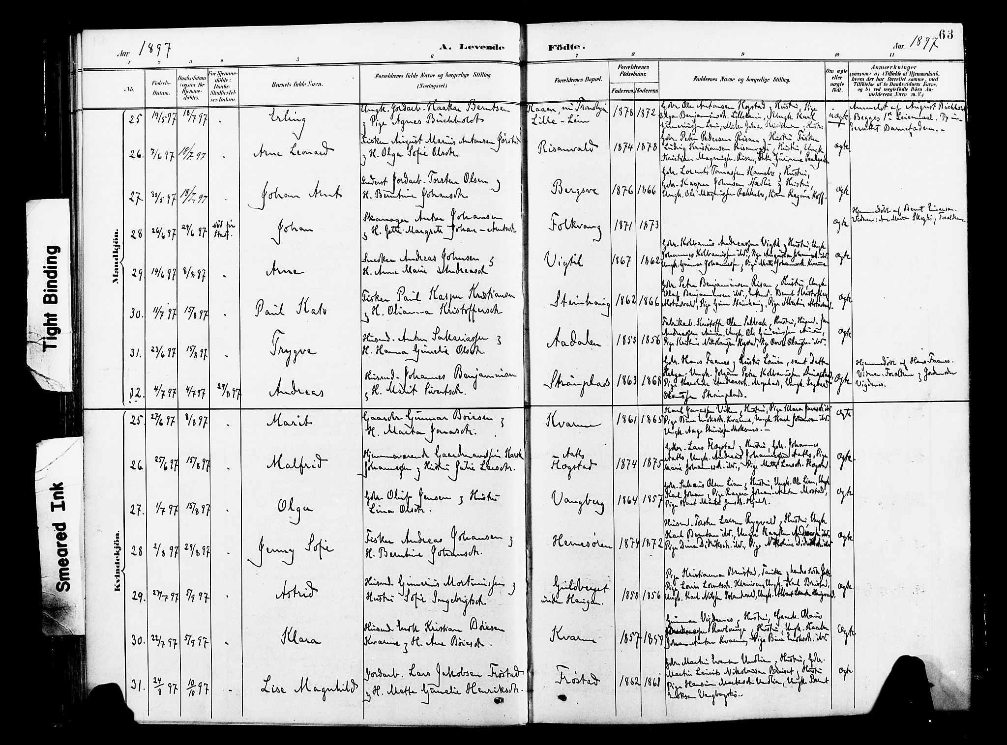 Ministerialprotokoller, klokkerbøker og fødselsregistre - Nord-Trøndelag, AV/SAT-A-1458/713/L0121: Parish register (official) no. 713A10, 1888-1898, p. 63