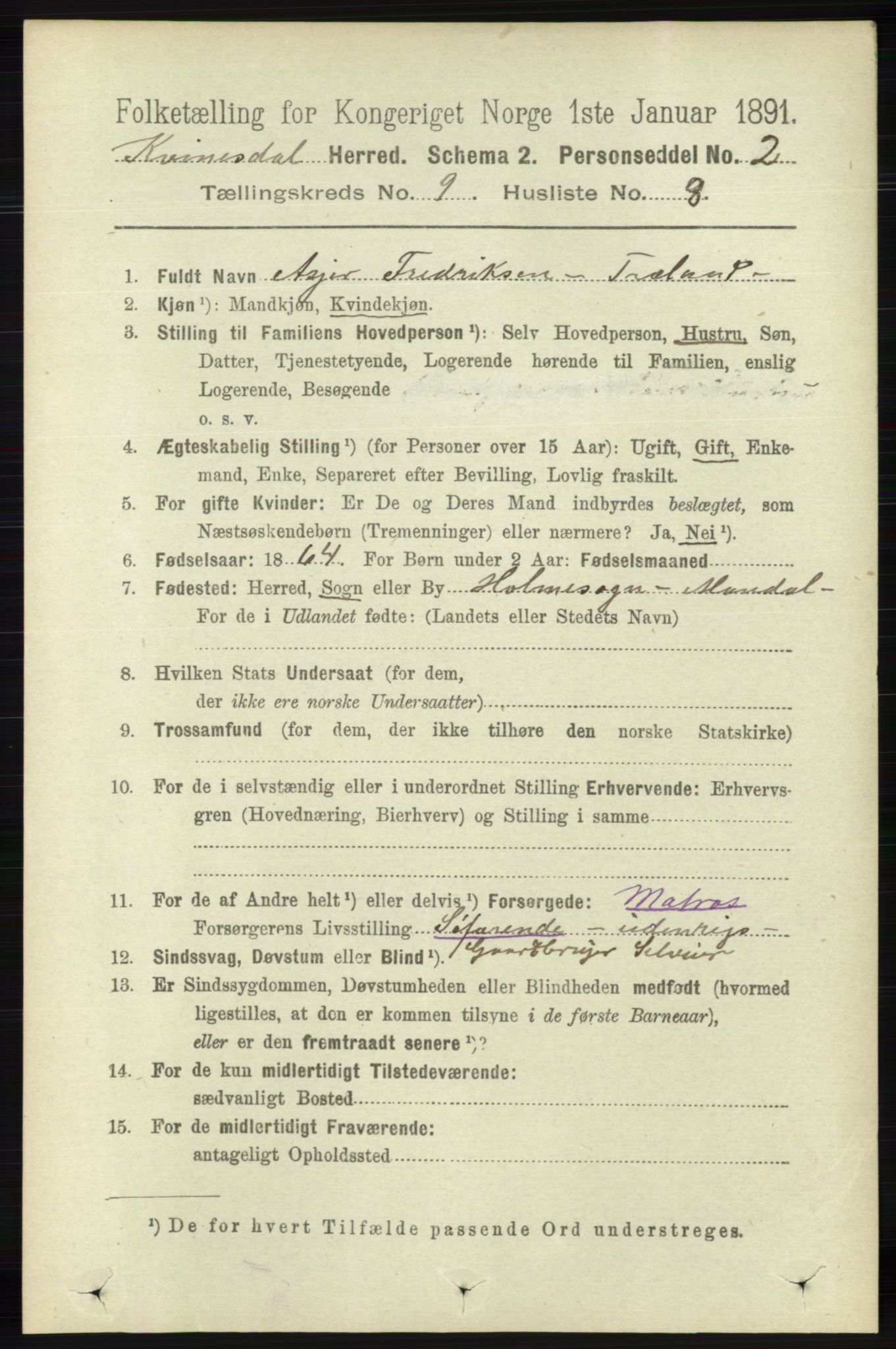 RA, 1891 census for 1037 Kvinesdal, 1891, p. 3326