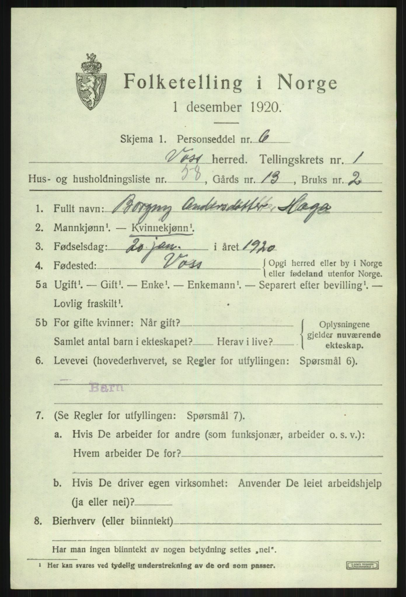 SAB, 1920 census for Voss, 1920, p. 3423