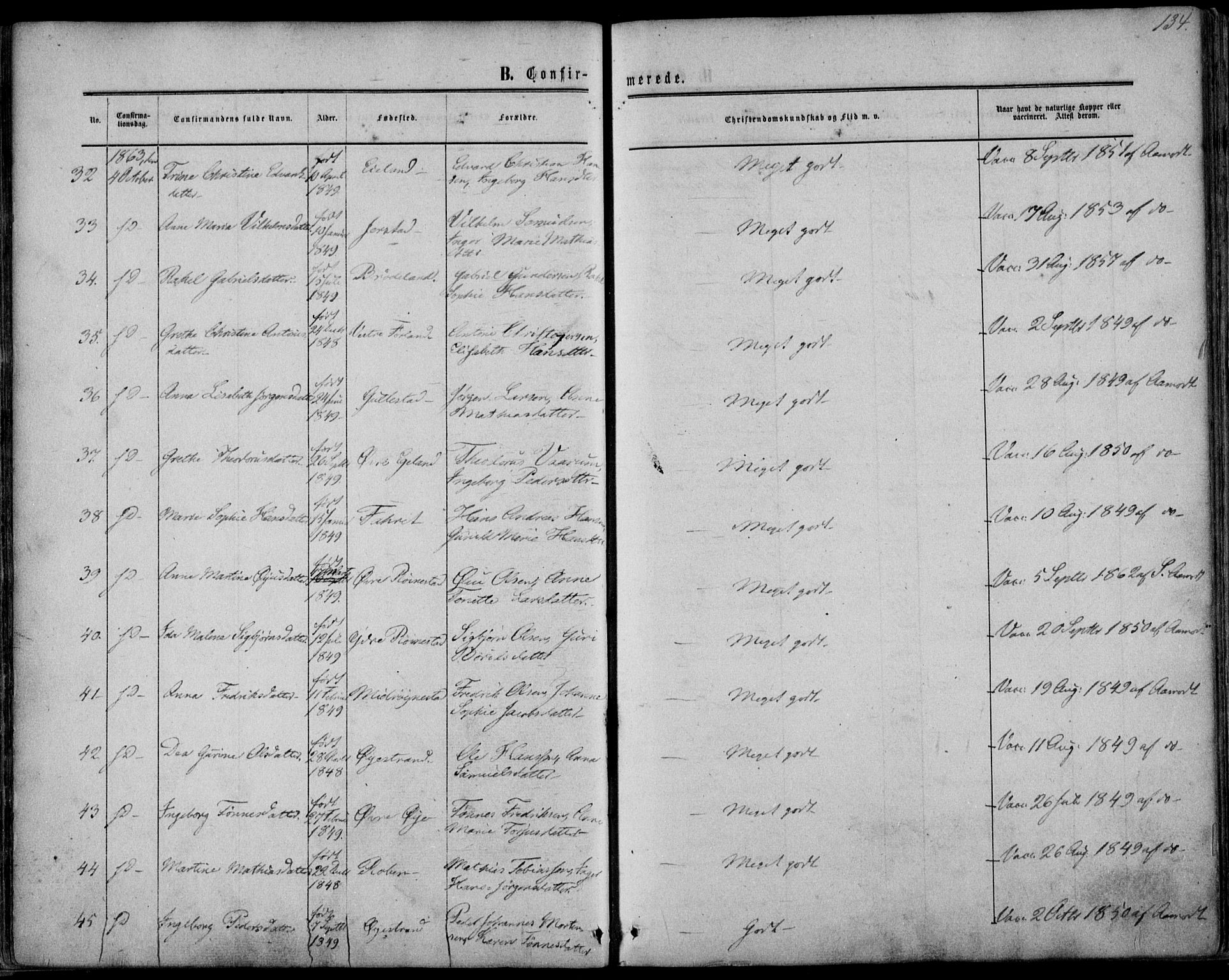 Kvinesdal sokneprestkontor, AV/SAK-1111-0026/F/Fa/Fab/L0006: Parish register (official) no. A 6, 1857-1869, p. 134