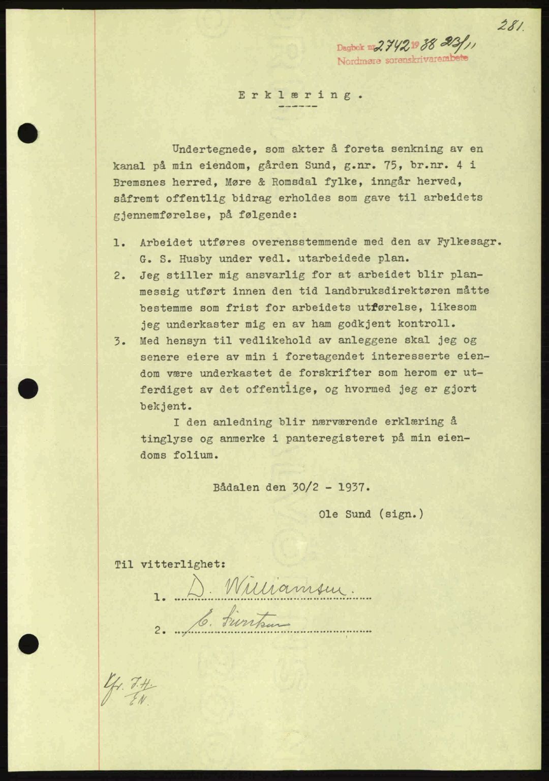 Nordmøre sorenskriveri, SAT/A-4132/1/2/2Ca: Mortgage book no. B84, 1938-1939, Diary no: : 2742/1938