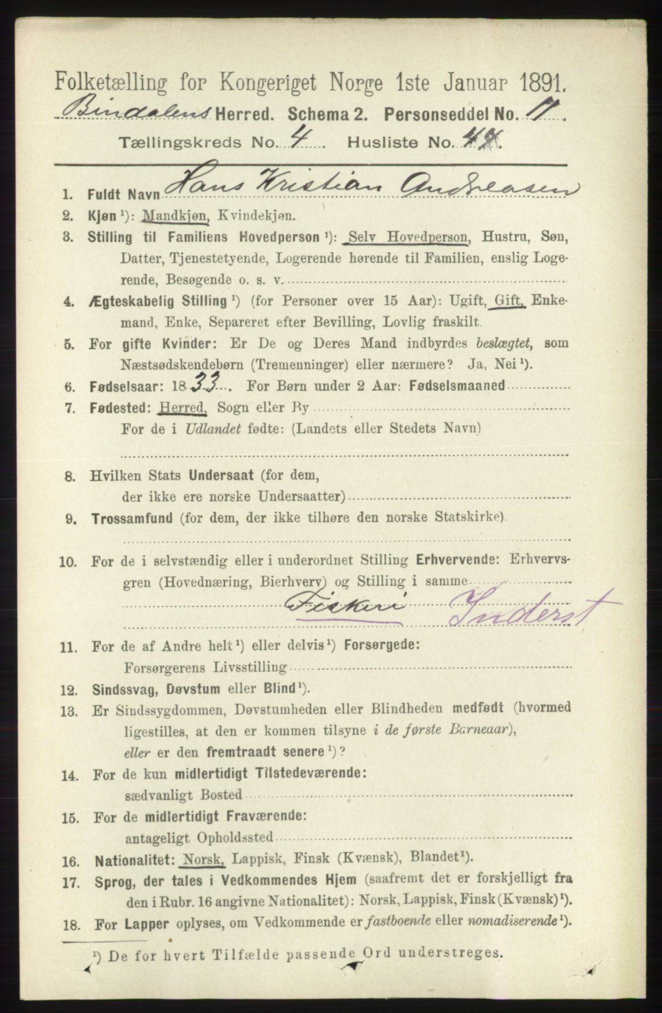 RA, 1891 census for 1811 Bindal, 1891, p. 1293