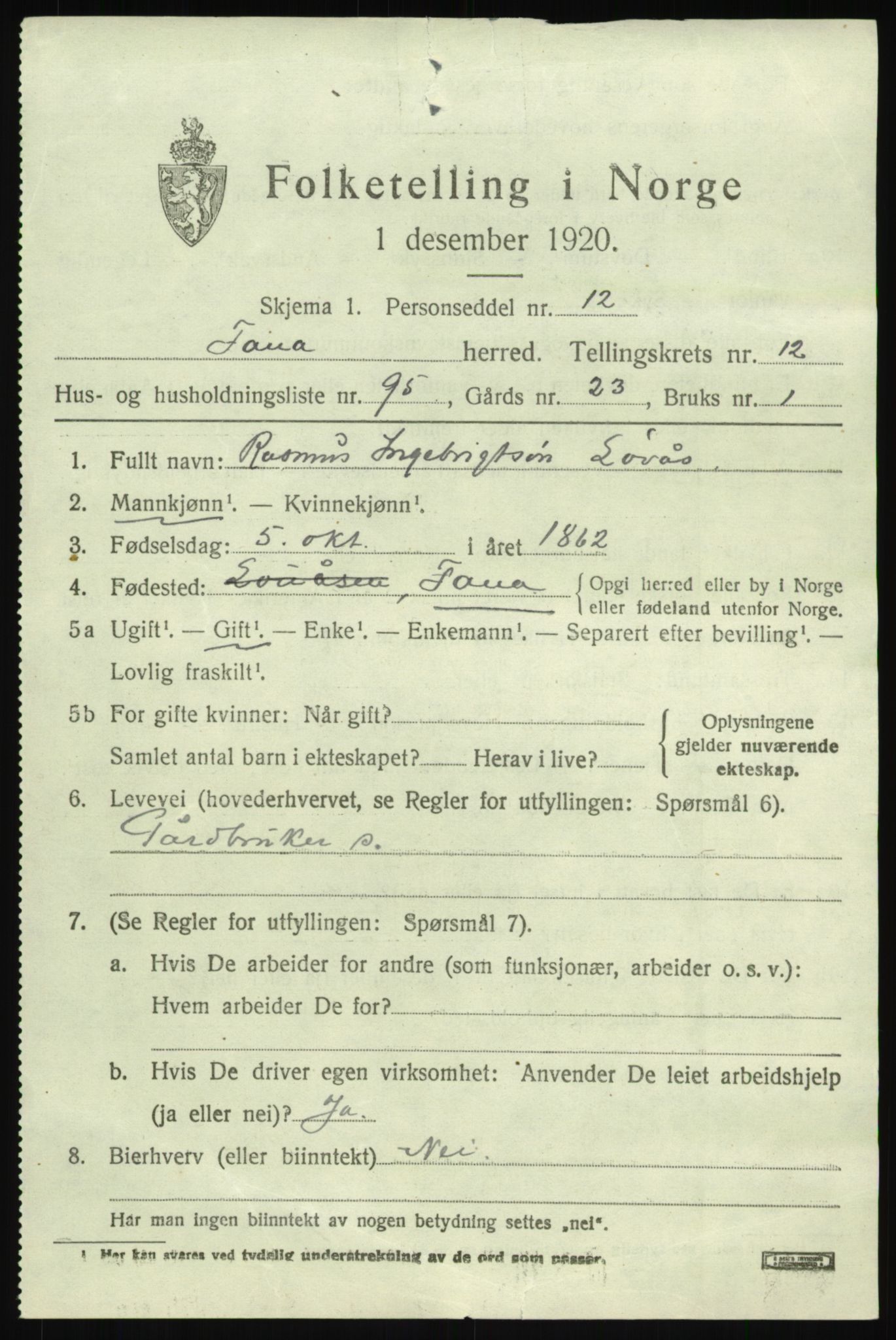 SAB, 1920 census for Fana, 1920, p. 19715