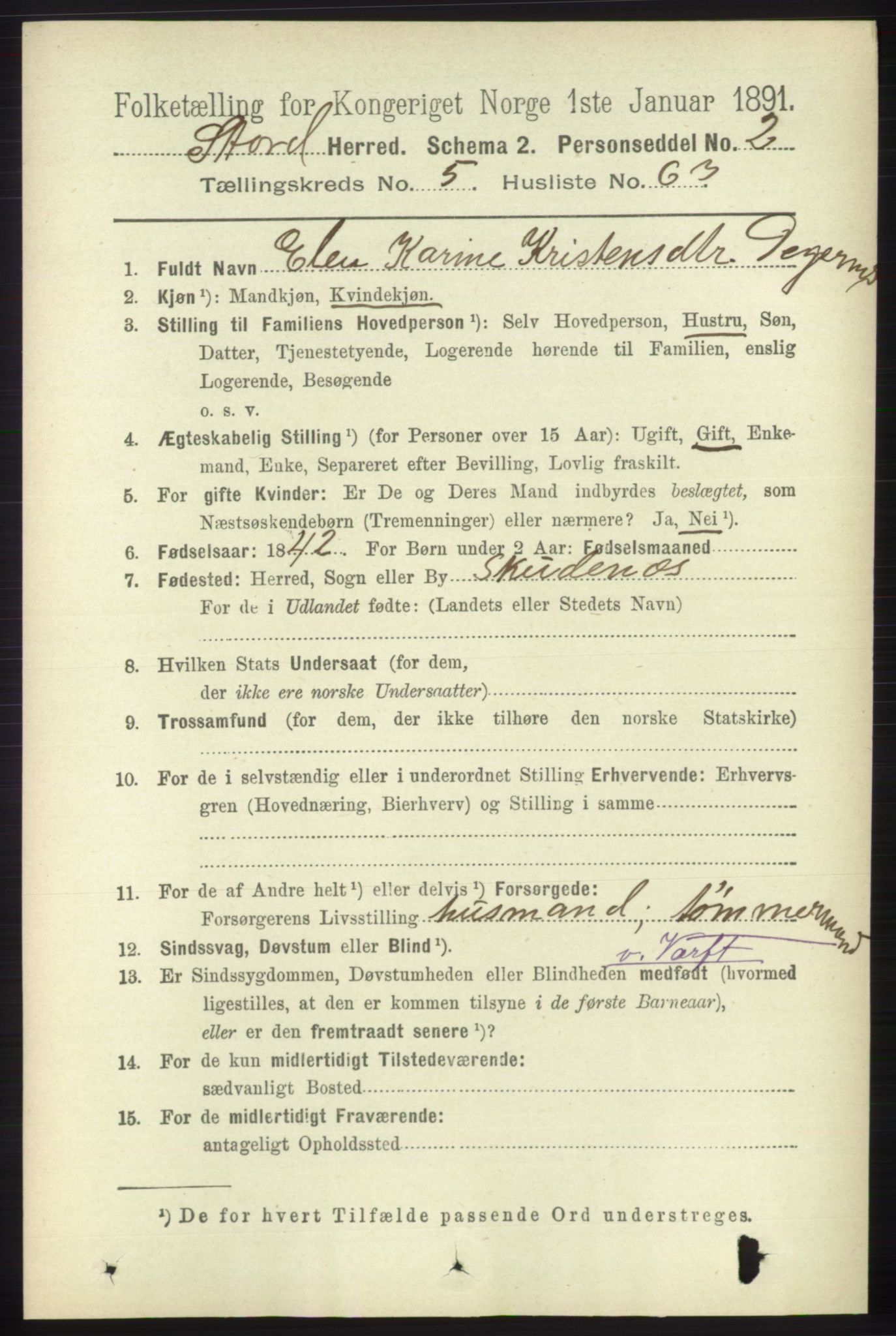RA, 1891 census for 1221 Stord, 1891, p. 2011