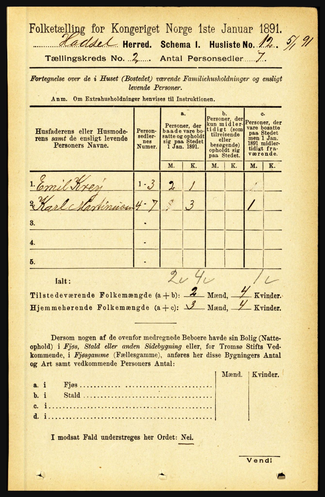 RA, 1891 census for 1866 Hadsel, 1891, p. 606