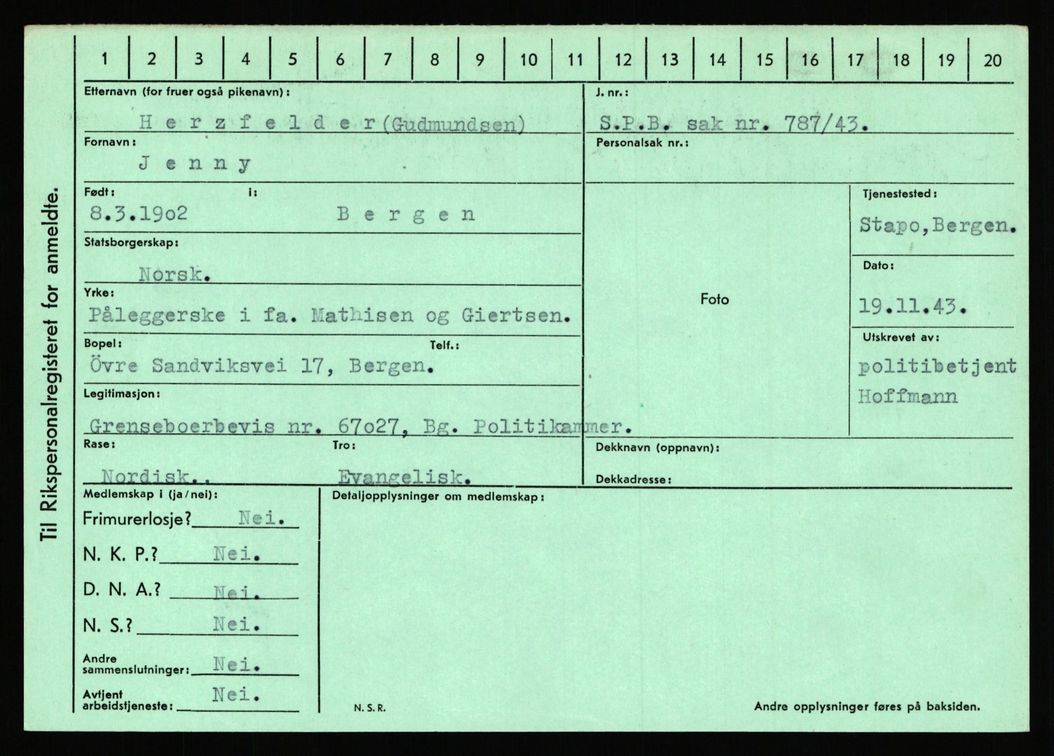 Statspolitiet - Hovedkontoret / Osloavdelingen, AV/RA-S-1329/C/Ca/L0006: Hanche - Hokstvedt, 1943-1945, p. 4078