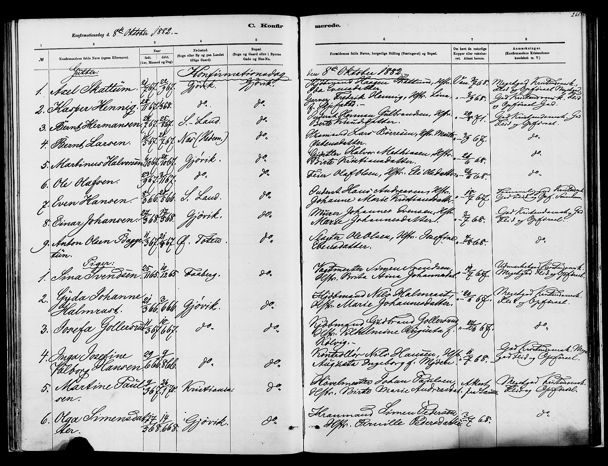 Vardal prestekontor, SAH/PREST-100/H/Ha/Haa/L0008: Parish register (official) no. 8, 1878-1890, p. 265