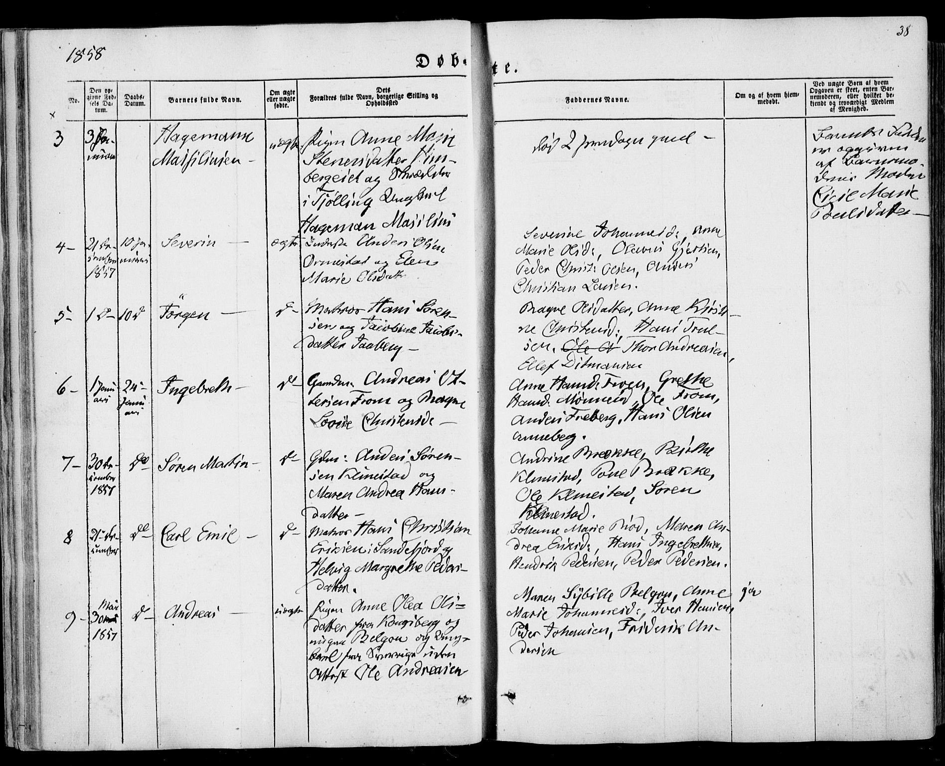 Sandar kirkebøker, AV/SAKO-A-243/F/Fa/L0007: Parish register (official) no. 7, 1855-1861, p. 38