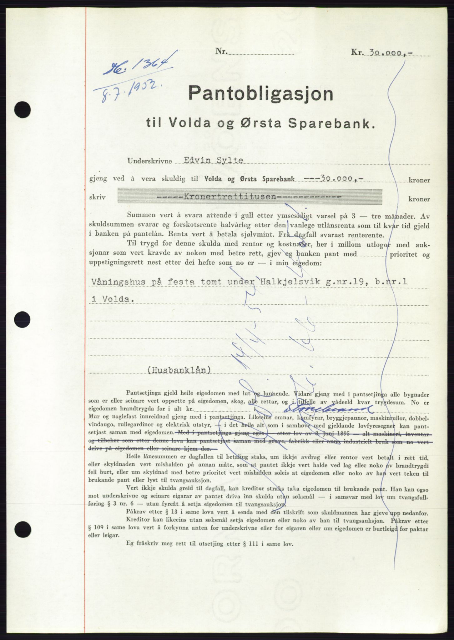 Søre Sunnmøre sorenskriveri, AV/SAT-A-4122/1/2/2C/L0121: Mortgage book no. 9B, 1951-1952, Diary no: : 1364/1952