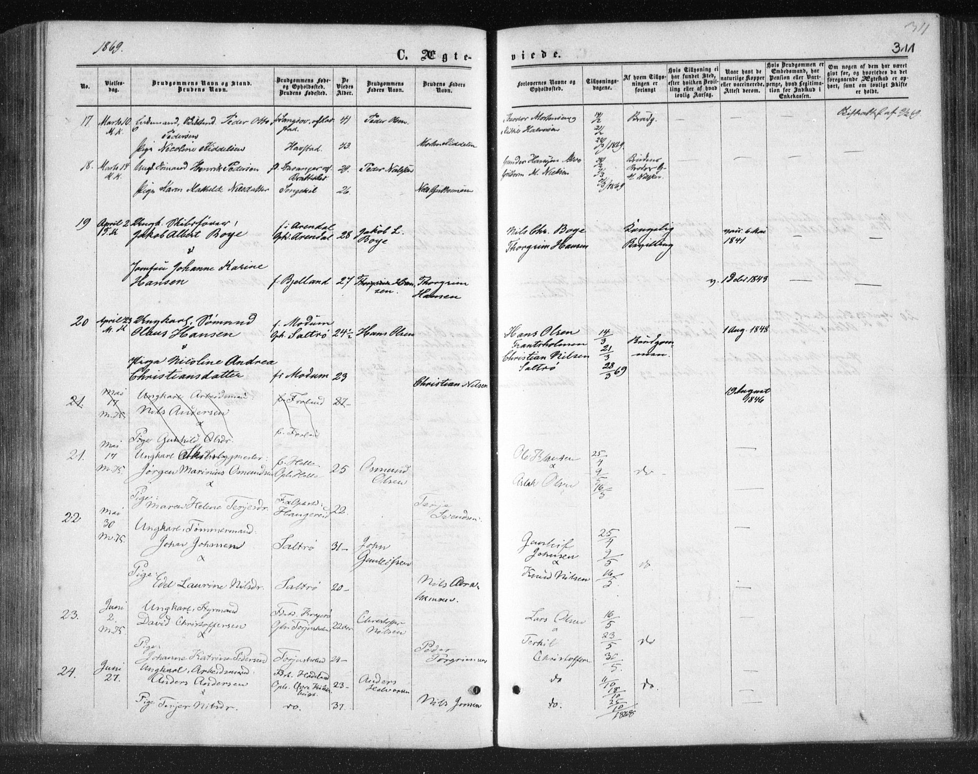Tromøy sokneprestkontor, SAK/1111-0041/F/Fa/L0007: Parish register (official) no. A 7, 1864-1869, p. 311