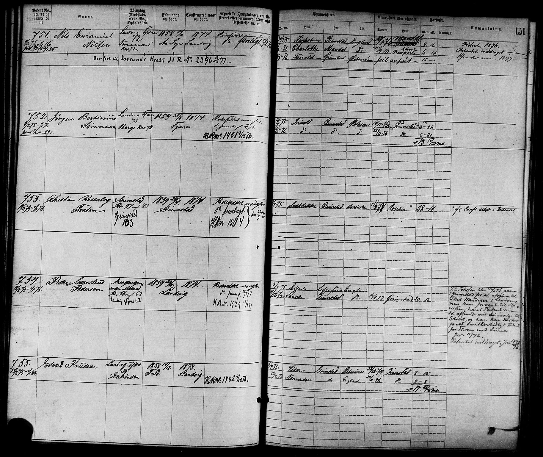 Grimstad mønstringskrets, SAK/2031-0013/F/Fa/L0001: Annotasjonsrulle nr 1-1920 med register, F-1, 1870-1892, p. 173