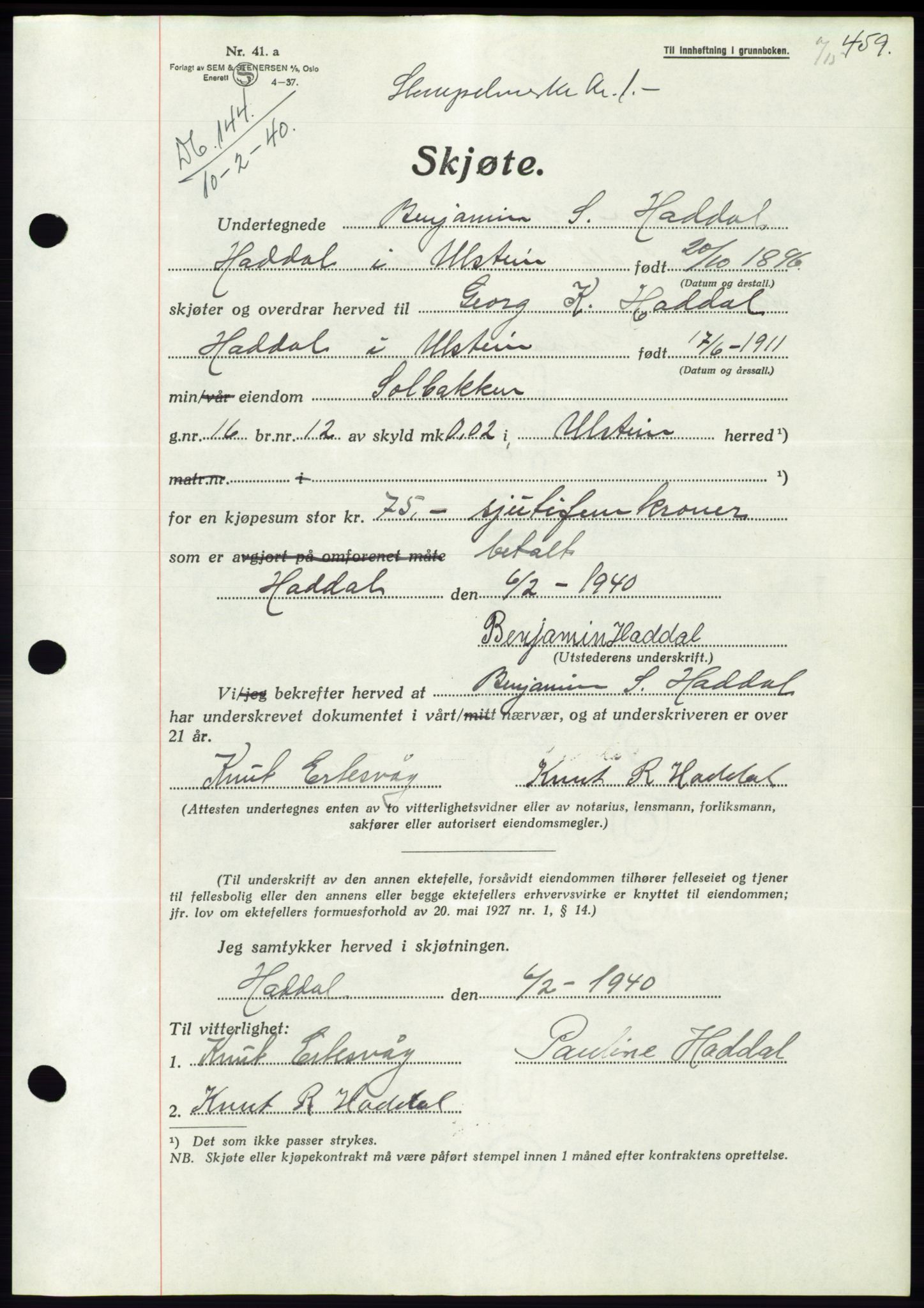 Søre Sunnmøre sorenskriveri, AV/SAT-A-4122/1/2/2C/L0069: Mortgage book no. 63, 1939-1940, Diary no: : 144/1940