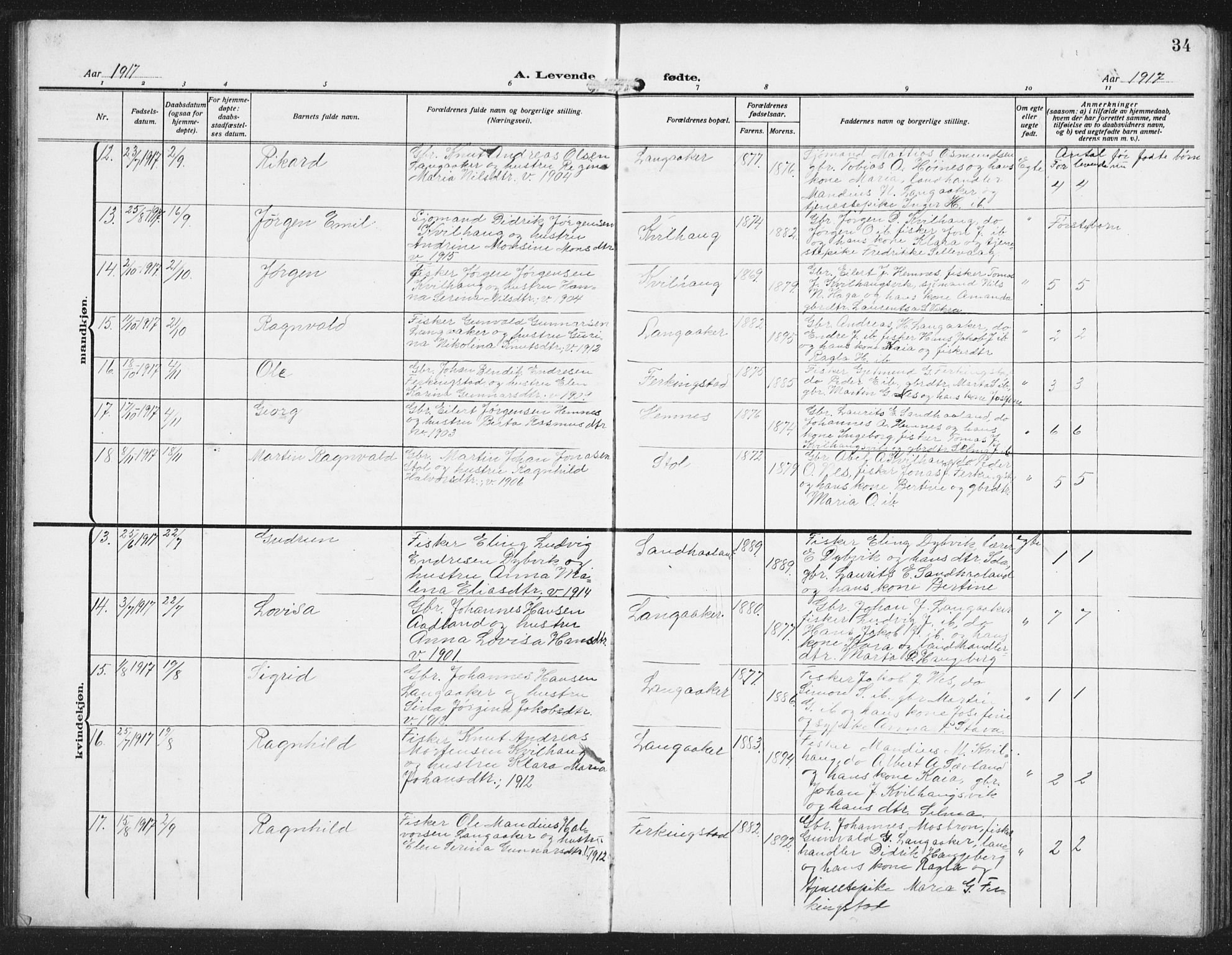 Skudenes sokneprestkontor, AV/SAST-A -101849/H/Ha/Hab/L0011: Parish register (copy) no. B 11, 1909-1943, p. 34