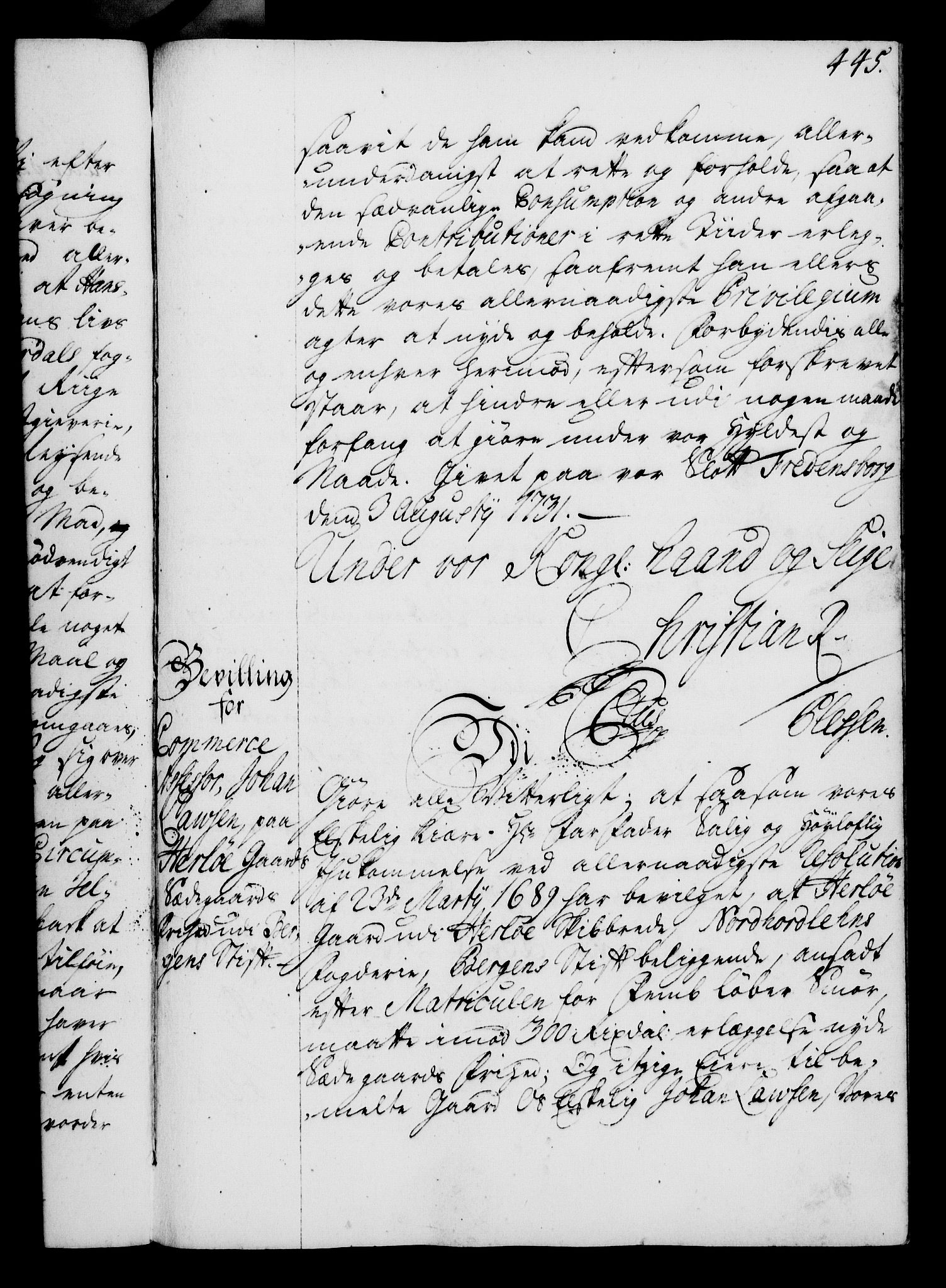 Rentekammeret, Kammerkanselliet, RA/EA-3111/G/Gg/Gga/L0003: Norsk ekspedisjonsprotokoll med register (merket RK 53.3), 1727-1734, p. 445