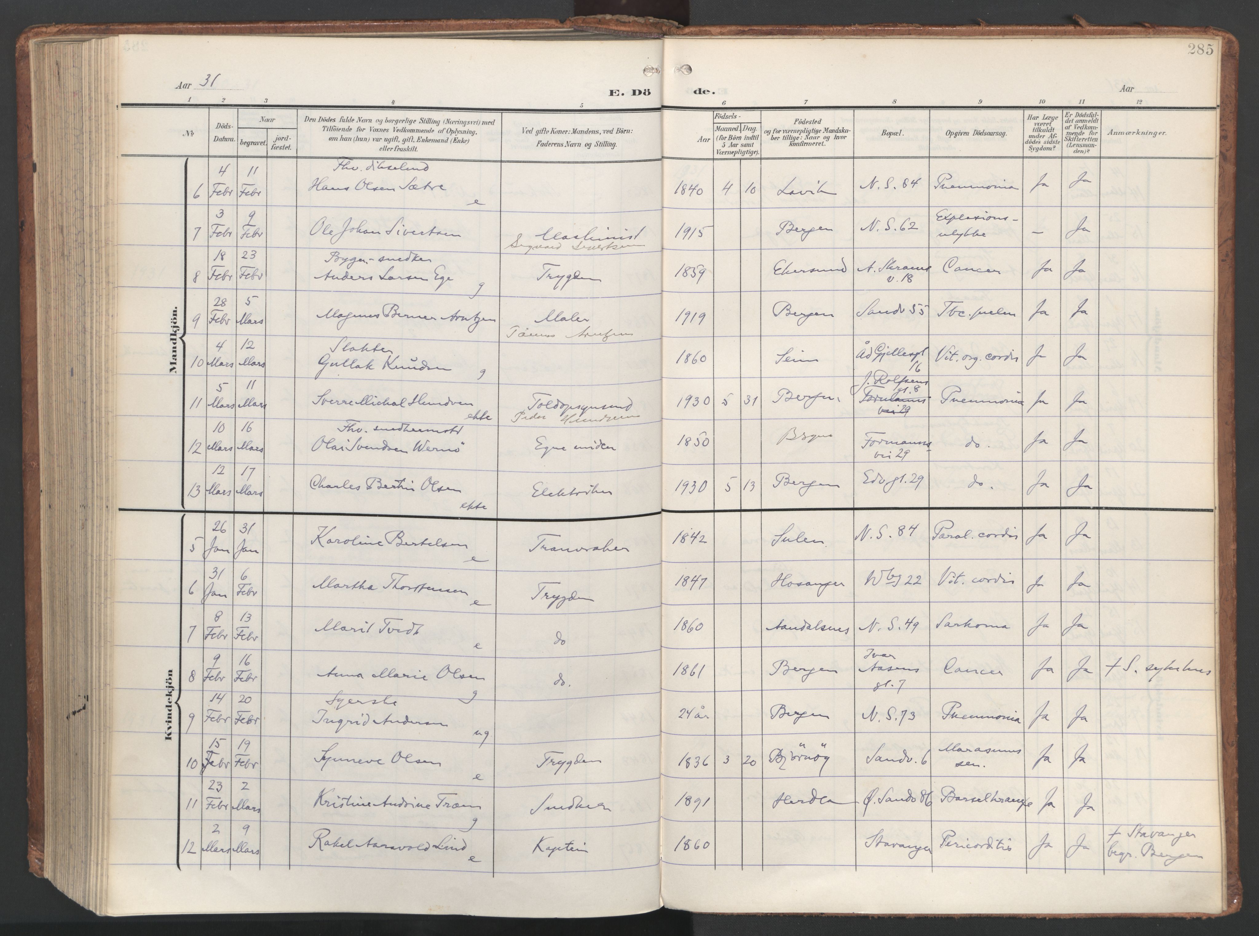 Sandviken Sokneprestembete, SAB/A-77601/H/Ha/L0019: Parish register (official) no. E 2, 1905-1933, p. 285