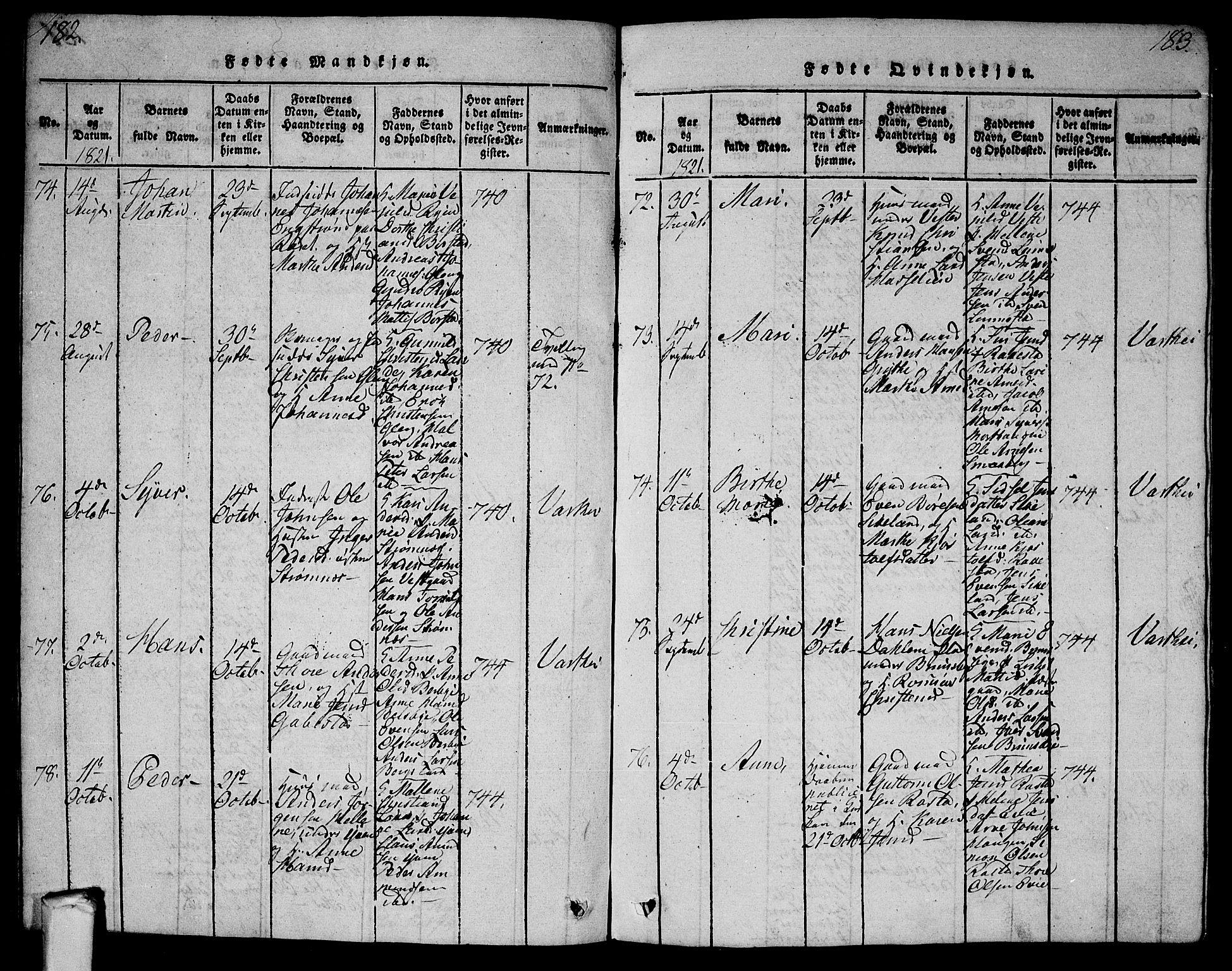 Tune prestekontor Kirkebøker, AV/SAO-A-2007/G/Ga/L0001: Parish register (copy) no. I 1, 1815-1822, p. 182-183